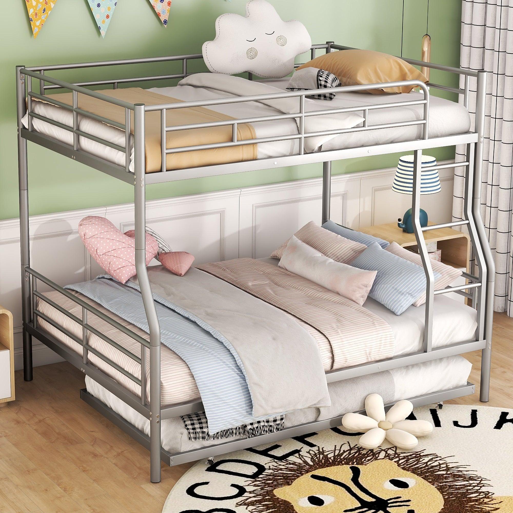🆓🚛 Full Xl Over Queen Metal Bunk Bed With Trundle, Silver
