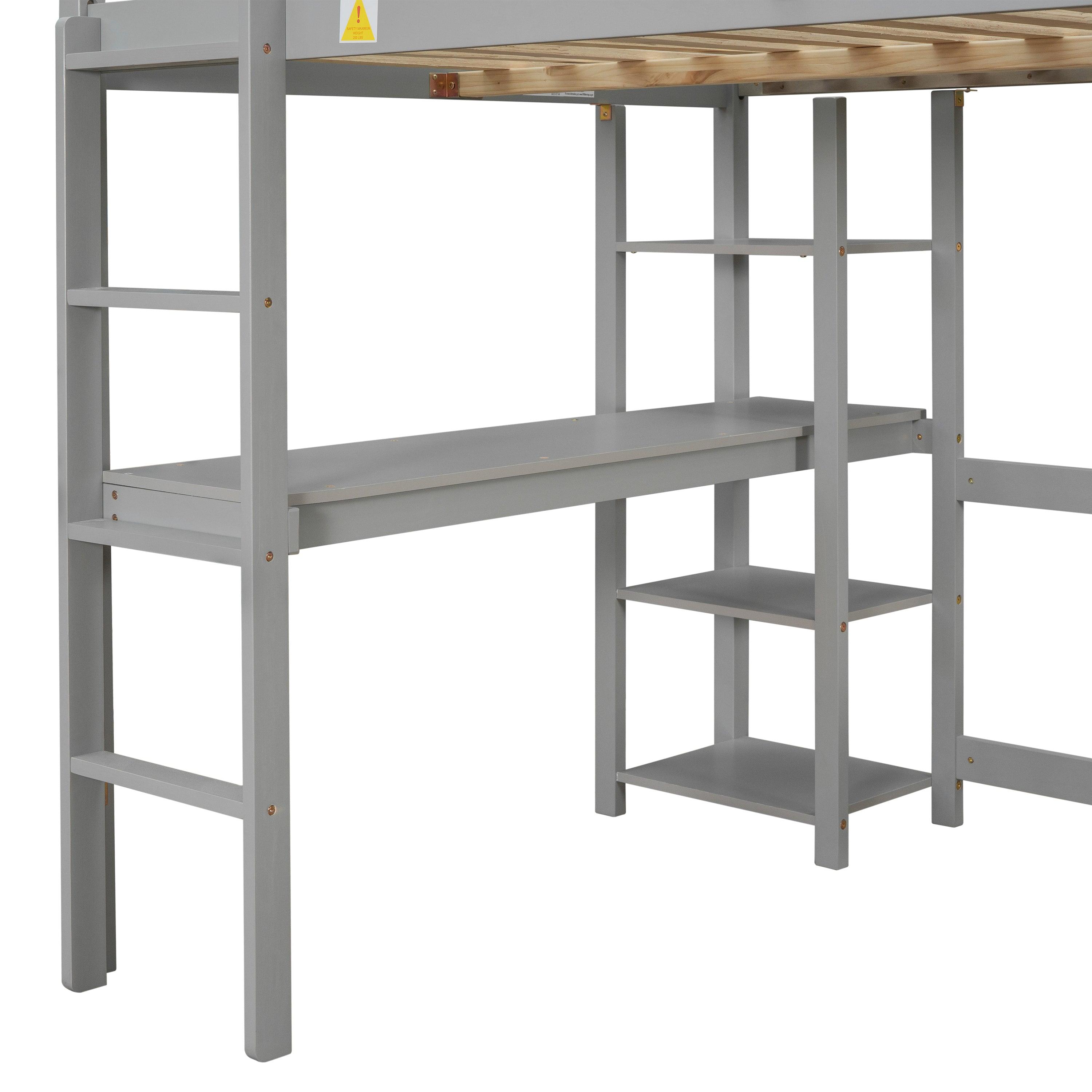 Full Loft Bed With Desk And Shelves, Perfect For Kids, Gray