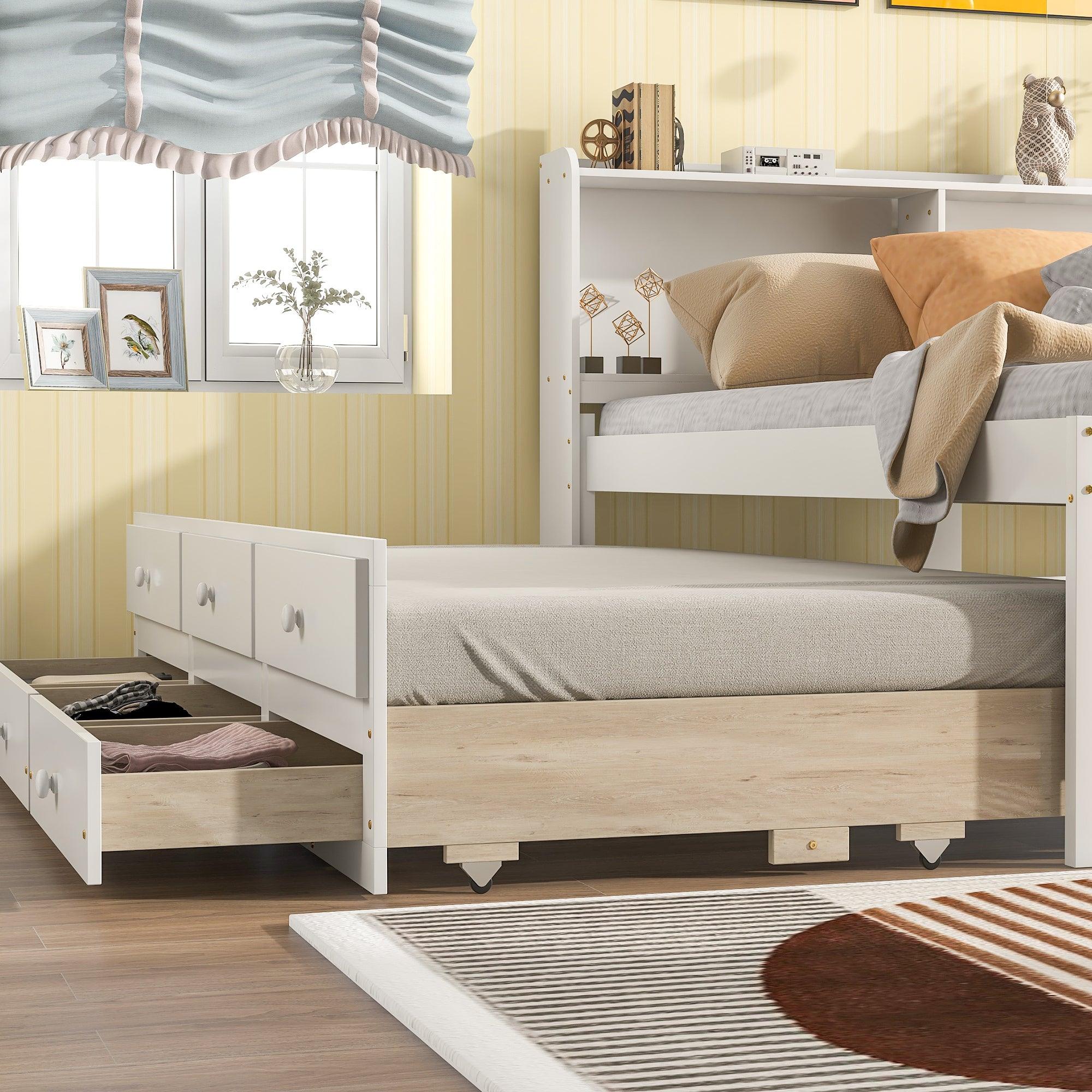 Full Bed With Bookcase, Twin Trundle & Drawers, White