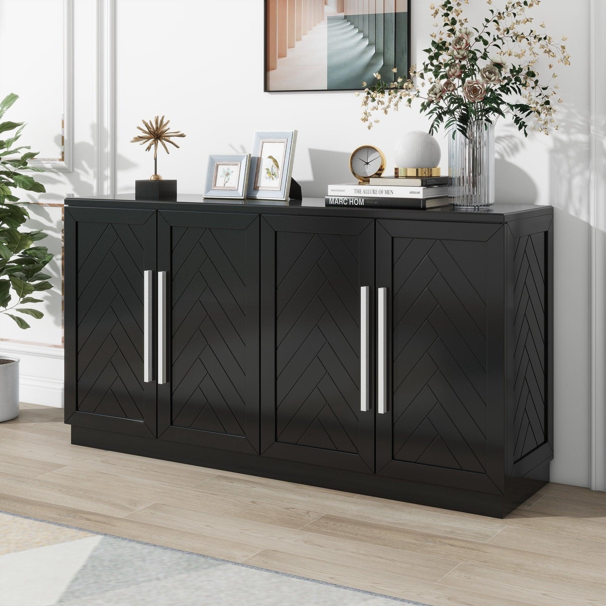 🆓🚛 Sideboard With 4 Doors Large Storage Space Buffet Cabinet With Adjustable Shelves & Silver Handles for Kitchen, Dining Room, Living Room (Black)