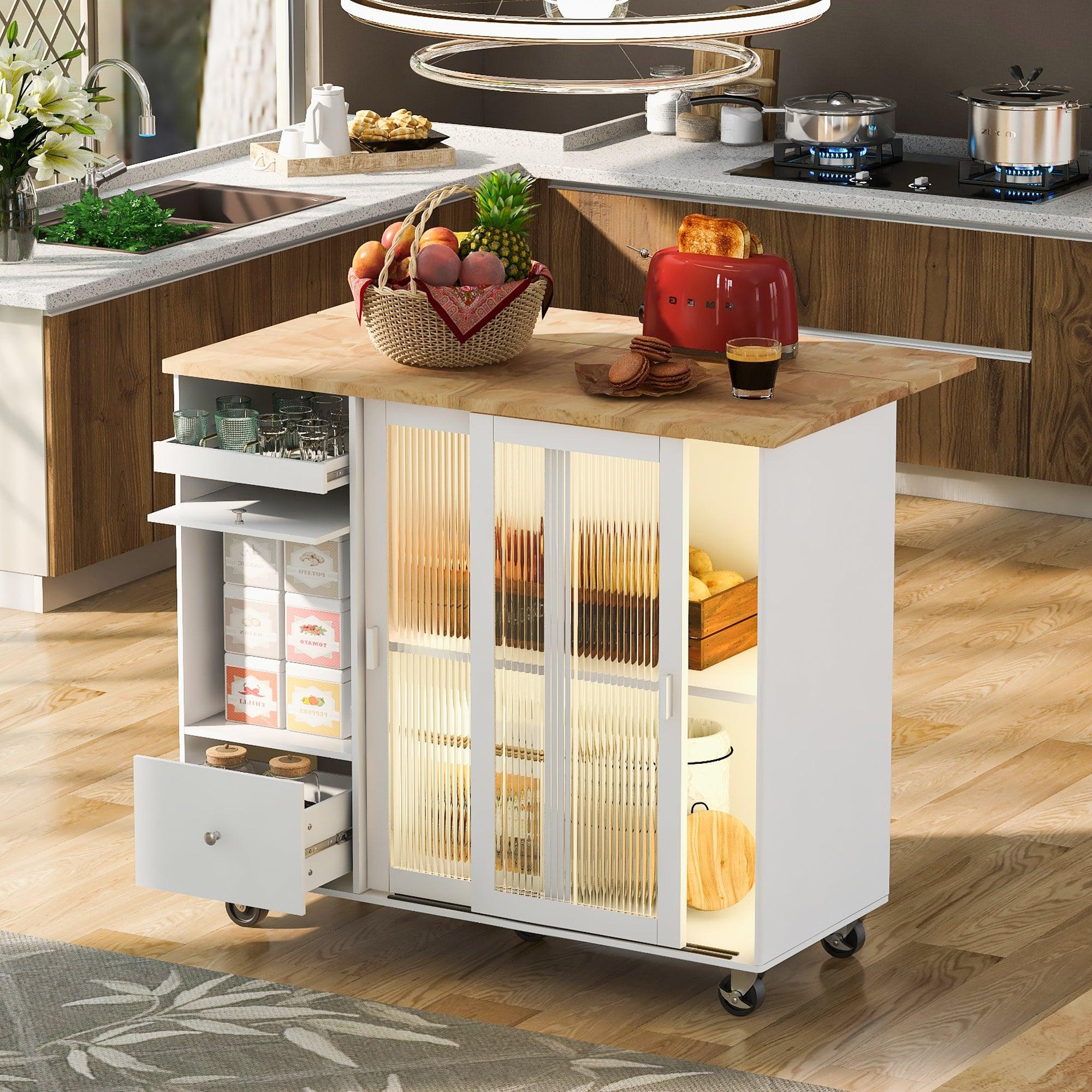 🆓🚛 Led Light Kitchen Cart On Wheels With 2 Fluted Glass Doors & 1 Flip Cabinet Door, Large Kitchen Island Cart With An Adjustable Shelf & 2 Drawers (White)