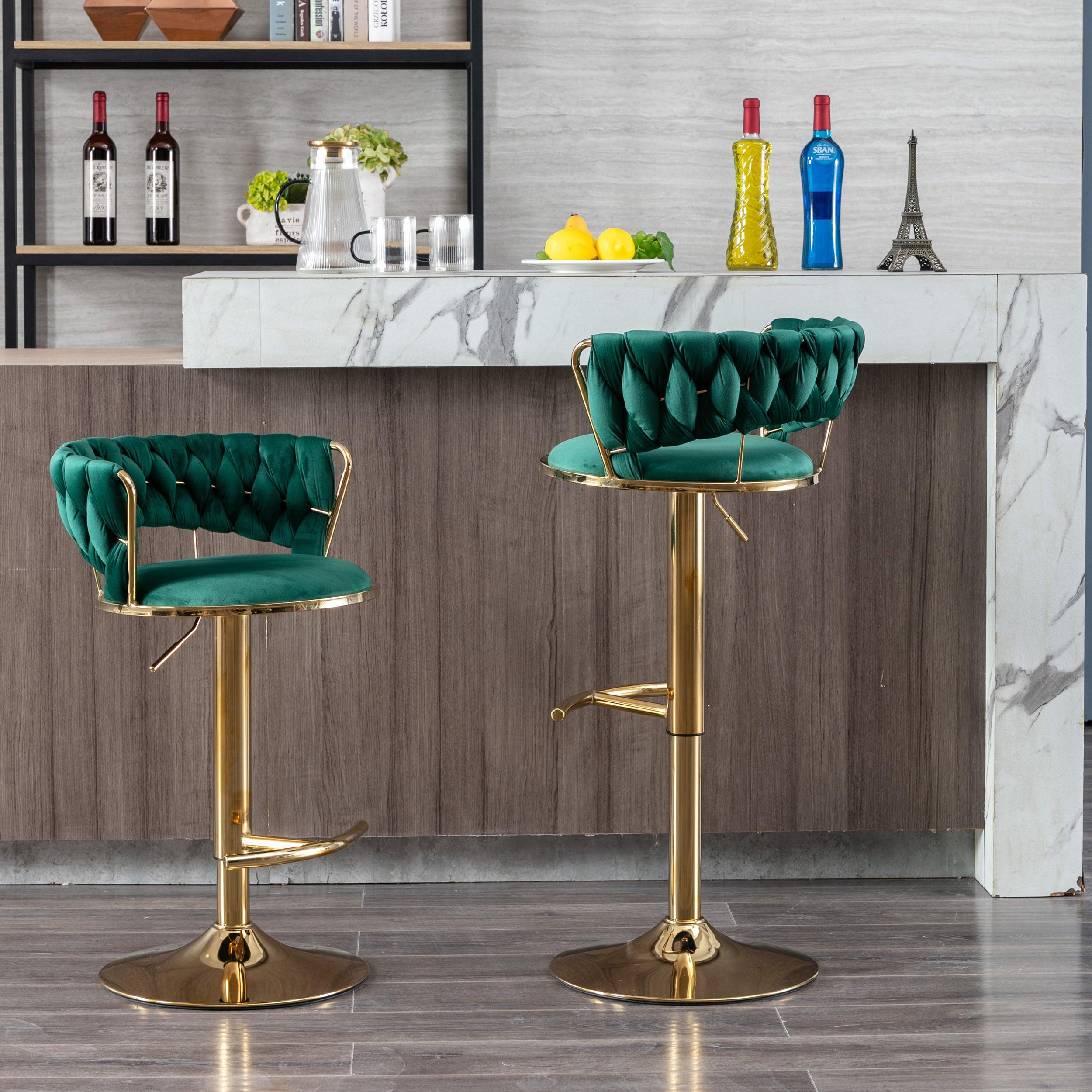 🆓🚛 Set Of 2 Bar Stools, With Chrome Footrest & Base Swivel Height Adjustable Mechanical Lifting Velvet + Golden Leg Simple Bar Stool-Green