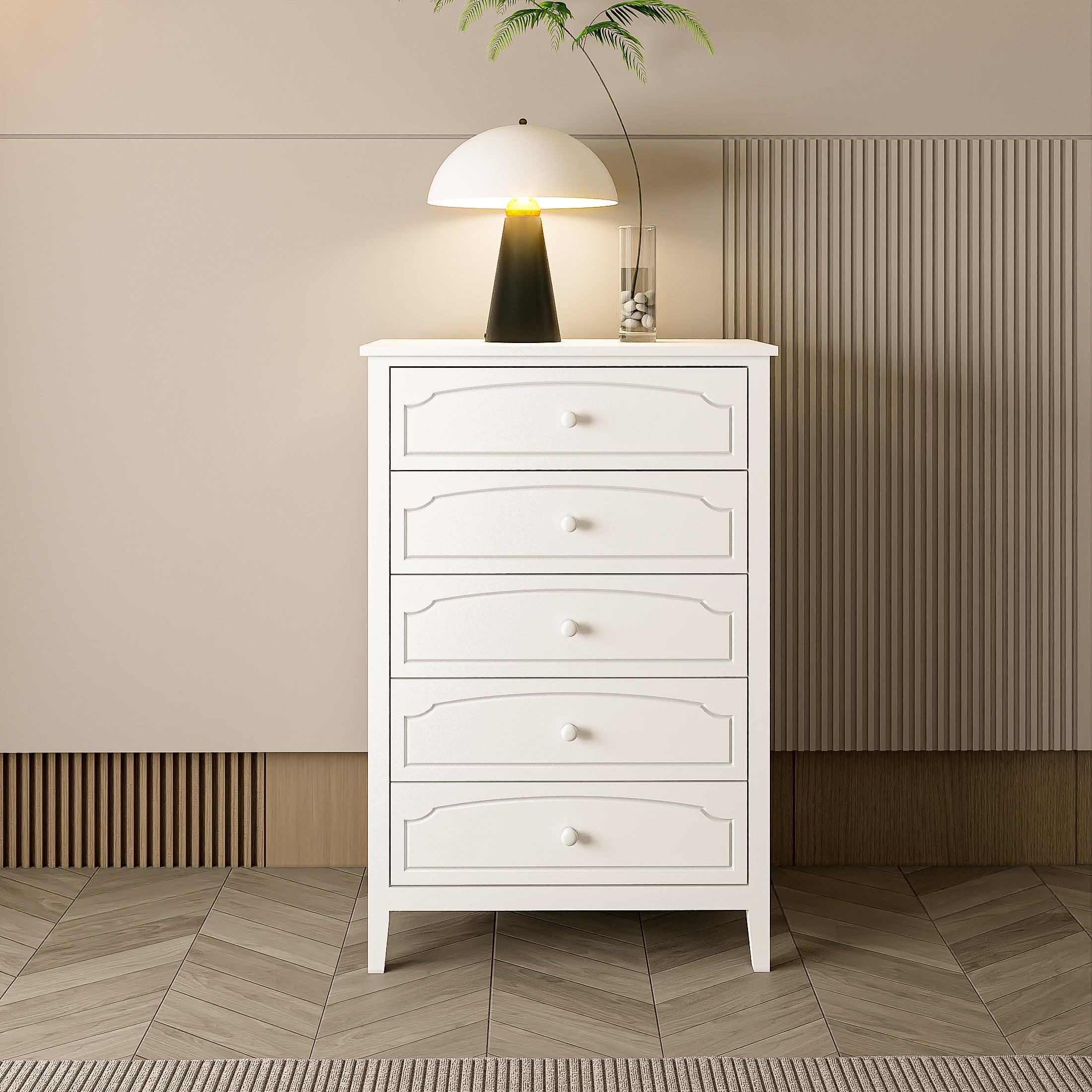 🆓🚛 White Contemporary Roman Style, Solid Wood 5 Drawers Chest Bedroom Furniture