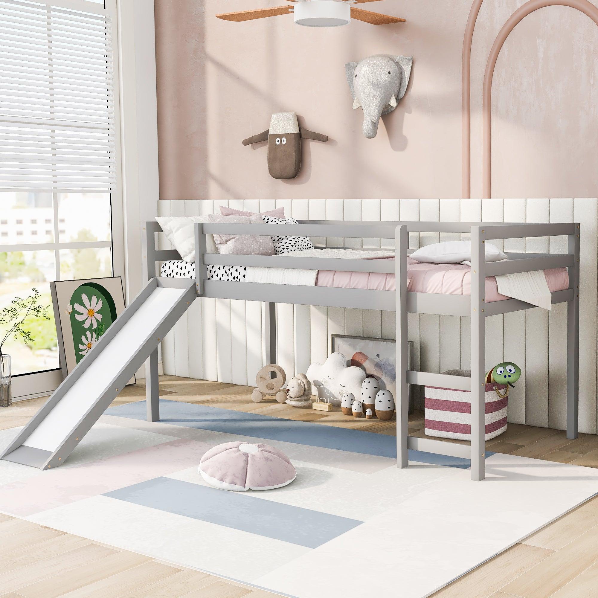 🆓🚛 Twin Size Loft Bed With Slide, Multifunctional Design, Gray