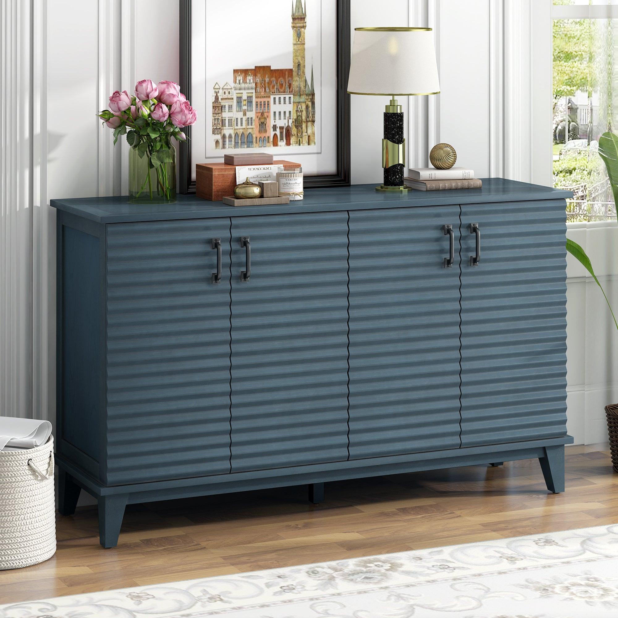 🆓🚛 Sideboard With 4 Door Large Storage Buffet With Adjustable Shelves & Metal Handles for Kitchen, Living Room, Dining Room (Navy)