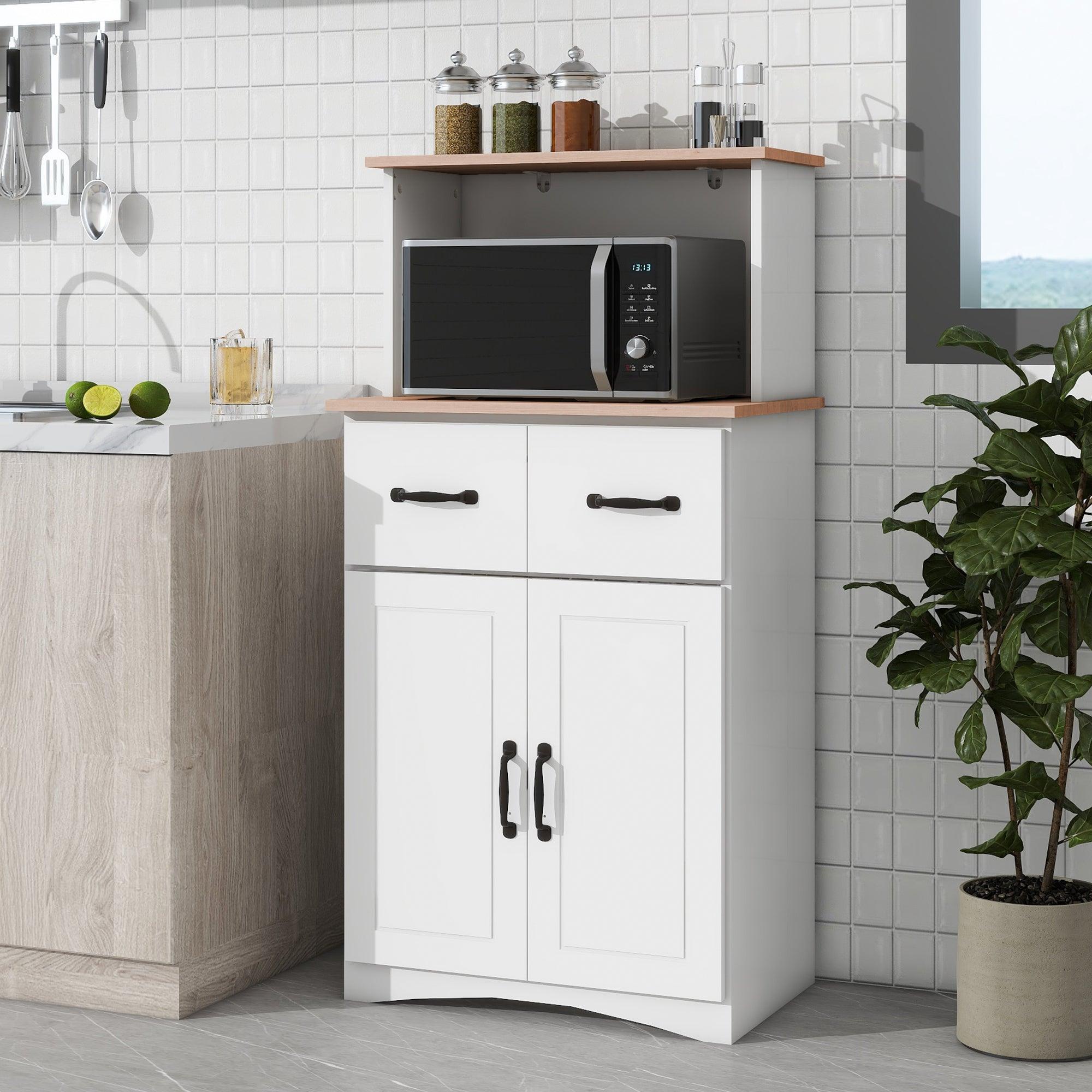 🆓🚛 Wooden Kitchen Cabinet White Pantry Storage Microwave Cabinet With Storage Drawer