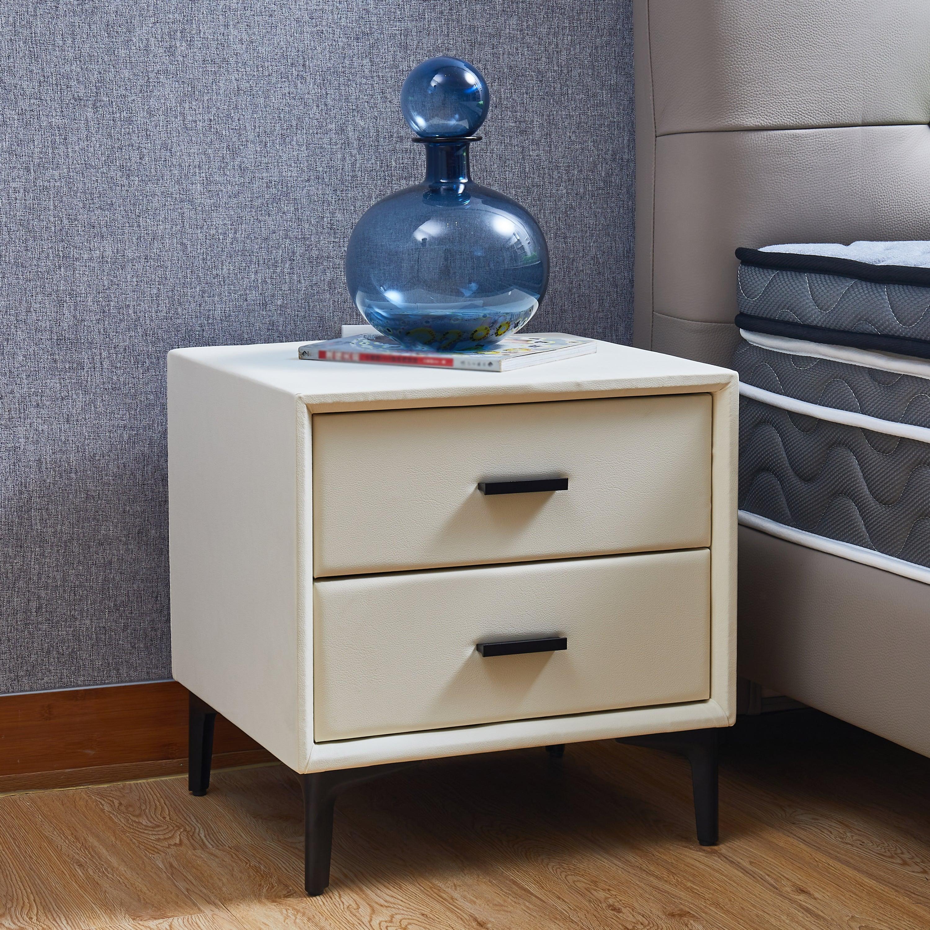 🆓🚛 Modern Nightstand With 2 Drawers, Night Stand With Pu Leather & Hardware Legs, for Bedroom, Beige