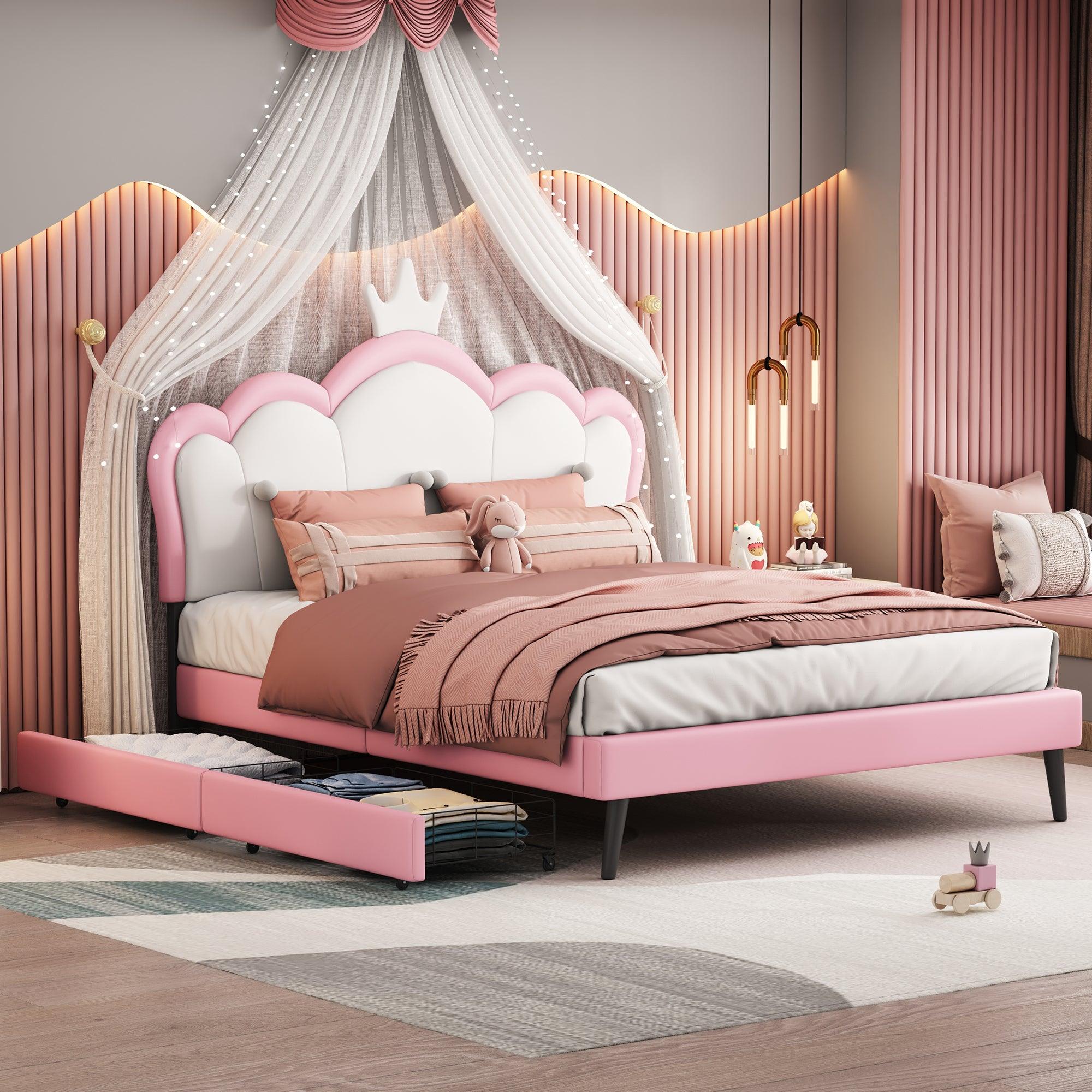 🆓🚛 Full Size Princess Bed With Crown Headboard & 2 Drawers, Full Size Platform Bed With Headboard & Footboard, White & Pink
