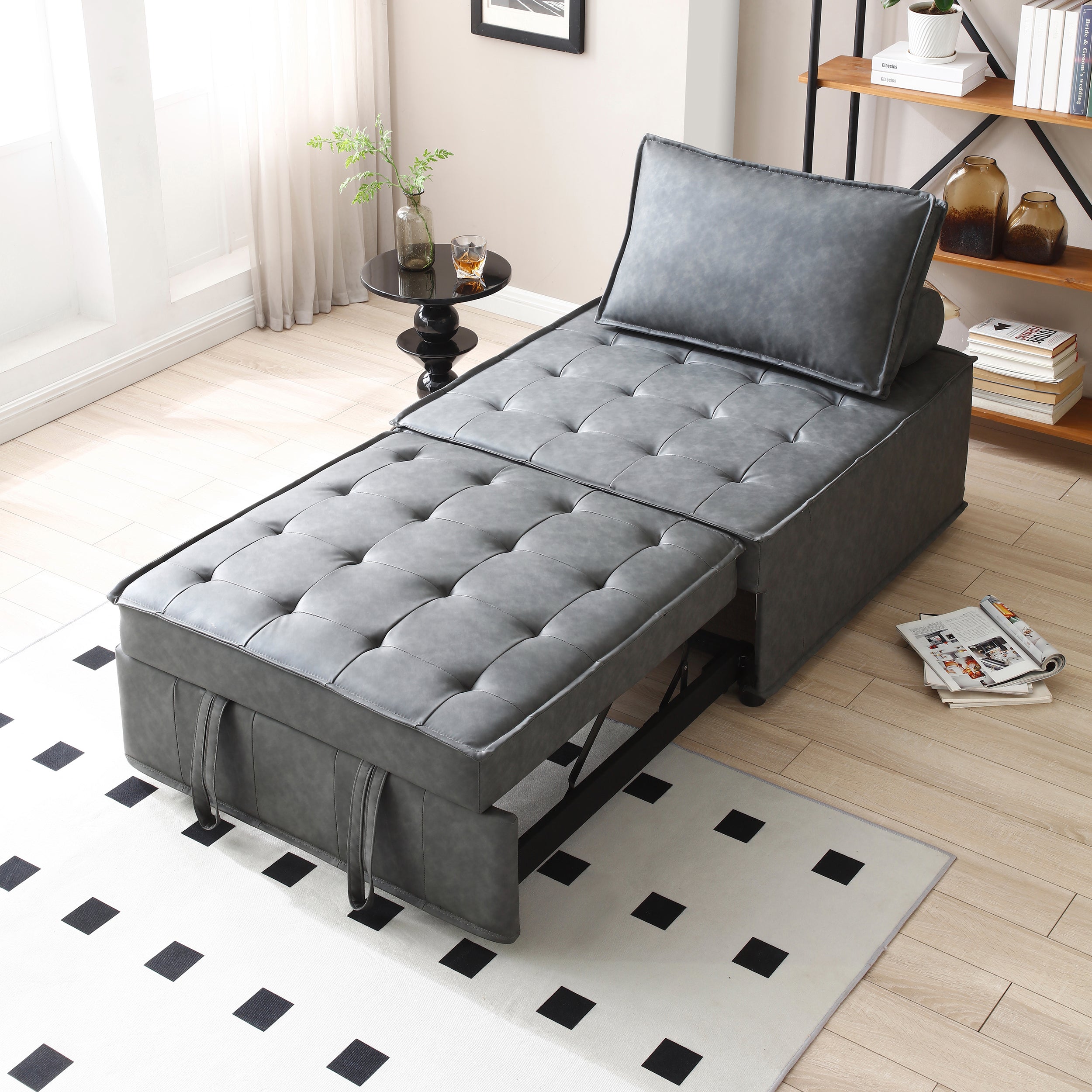 🆓🚛 Multipurpose Faux Leather Ottoman Lazy Chair Pull-Out Sofa Bed, Dark Gray