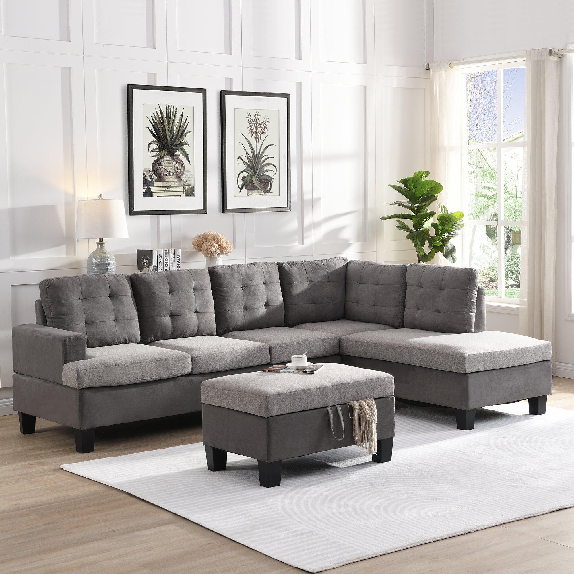 🆓🚛 Sofa Set for Living Room With Chaise Lounge & Storage Ottoman Living Room Furniture Gray