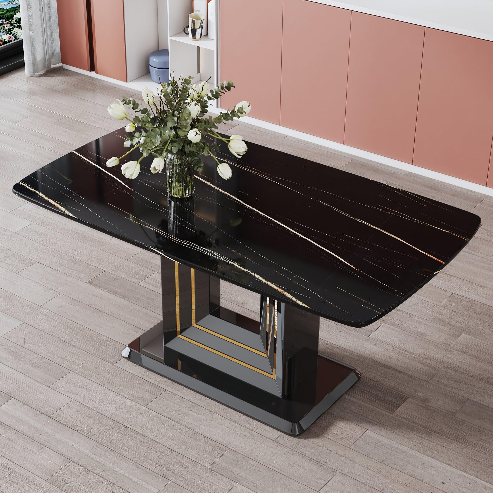 🆓🚛 Dining Table Black Imitation Marble Pattern Desktop Black Mdf Table Legs, Gold Lines, Black Base Suitable for Kitchen & Living Room 63"X35.4"X30"