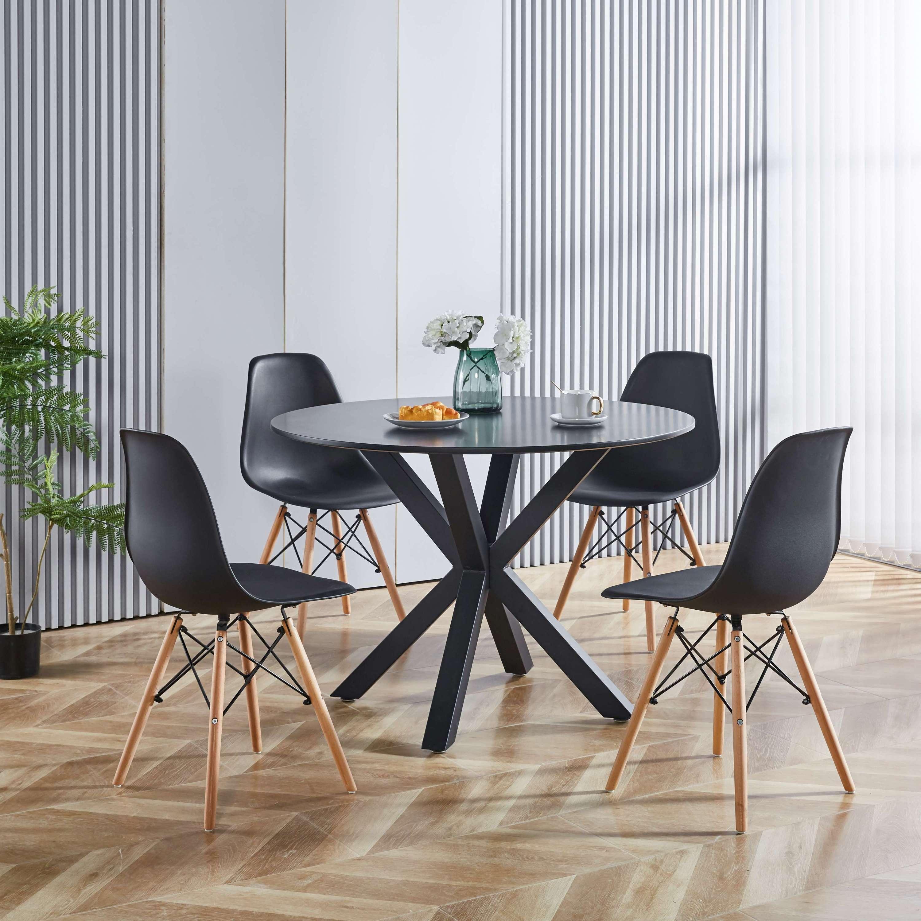 🆓🚛 5 Pcs Dining Set, 1 Round Mid-Century Dining Table With Mdf Table Top, 4 Black Chairs
