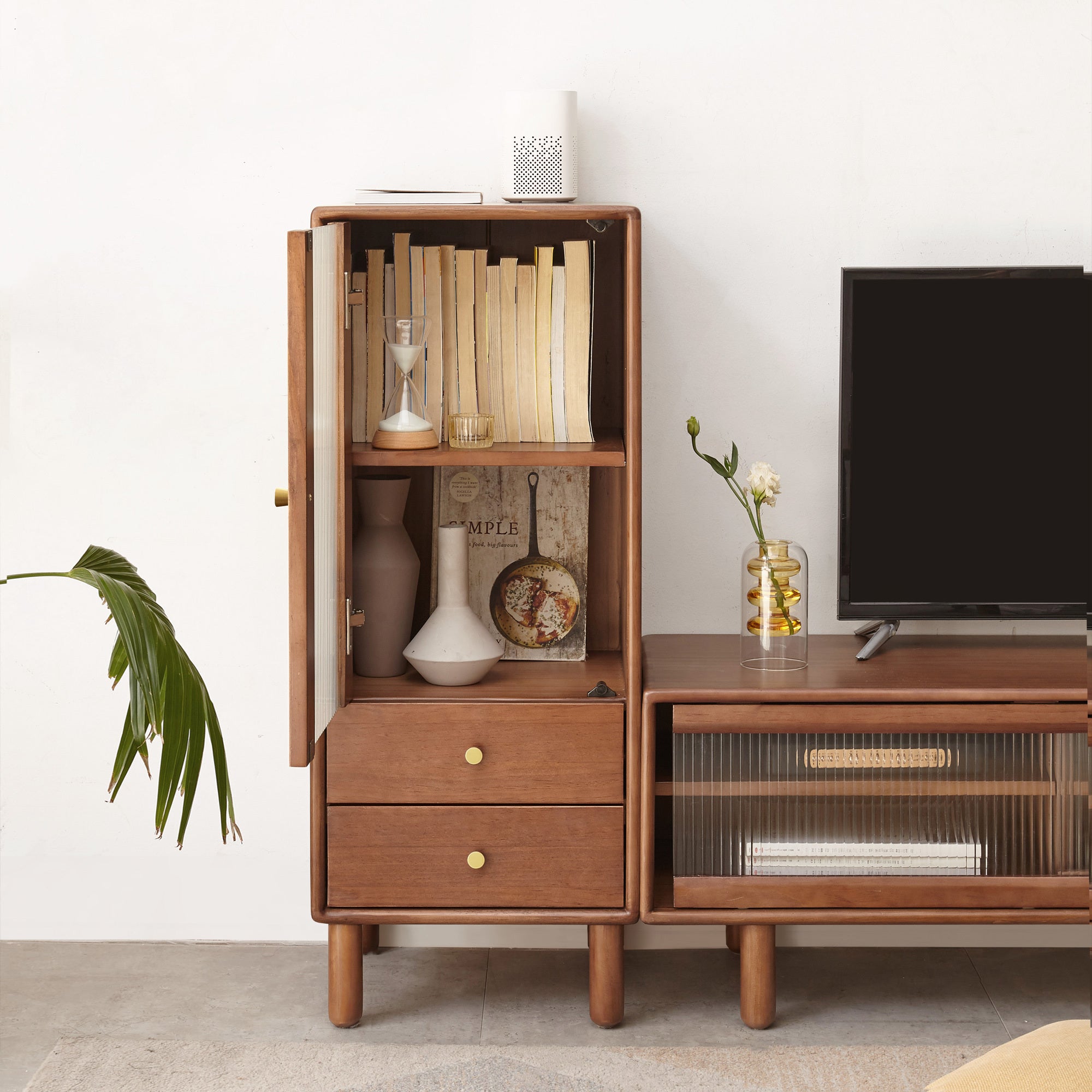 🆓🚛 Storage Cabinet for Living Room - Free-Standing Corner Cabinets Storage Table With Vintage Glass Door, 2 Shelves, 2 Drawers & Brass Handle for Entryway Kitchen Hallway TV Stand, 37.4"H (Walnut)