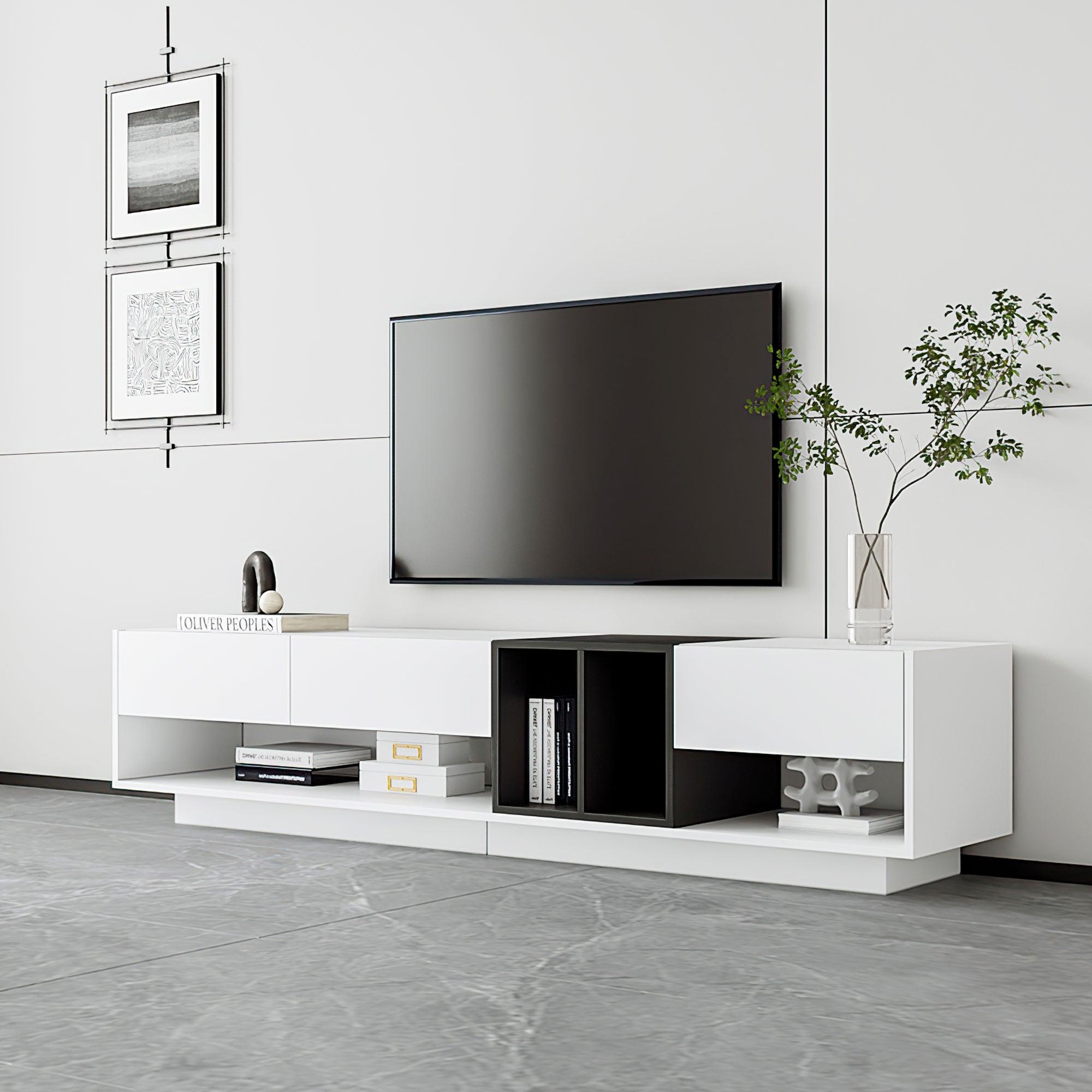 🆓🚛 Sleek & Stylish TV Stand With Perfect Storage Solution, Two-Tone Media Console for TV's Up To 80'', Functional TV Cabinet With Versatile Compartment for Living Room, White