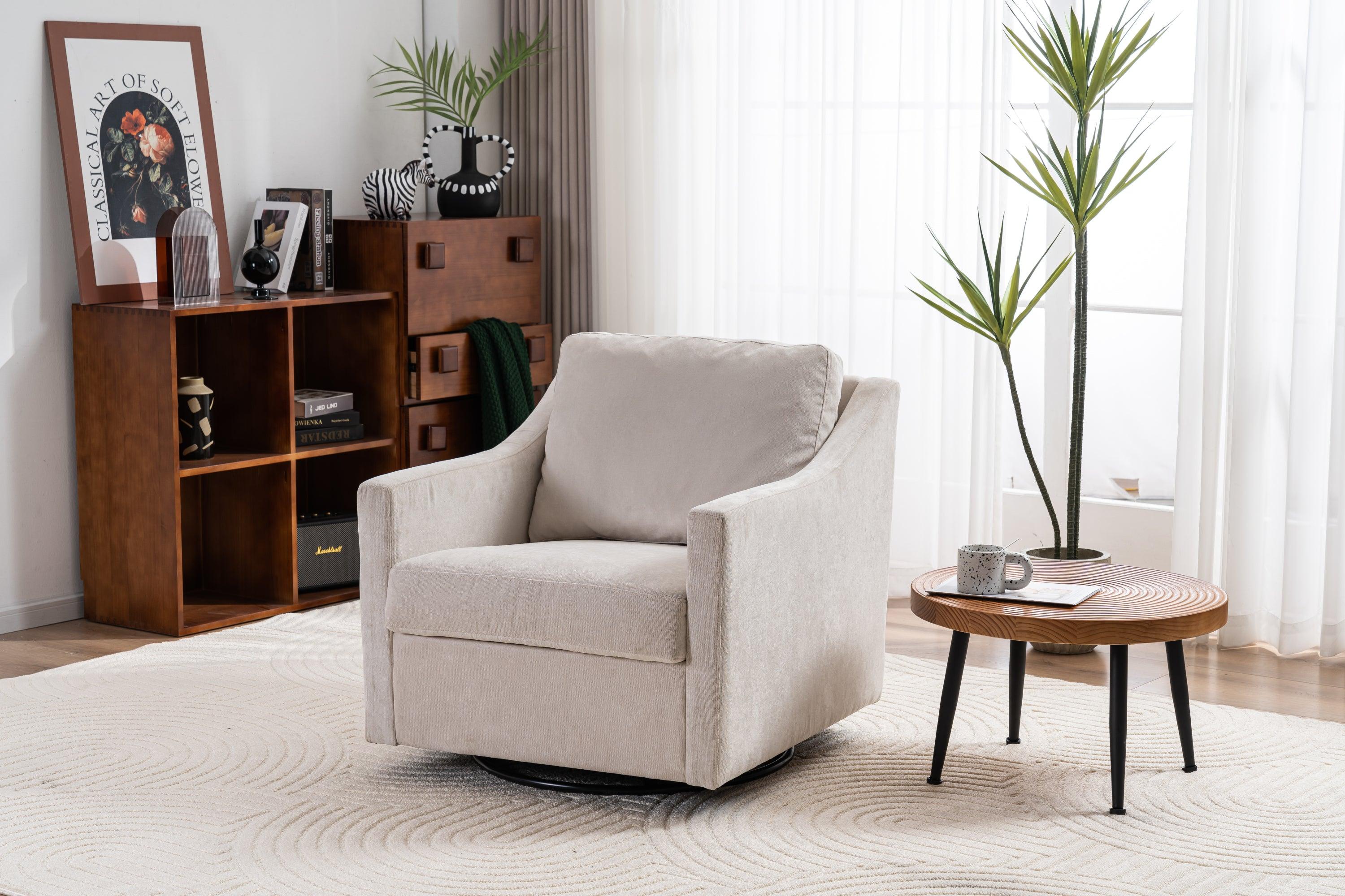 🆓🚛 Large Upholstered Swivel Armchair, Modern, Skin-Friendly, Gradient Color Linen Fabric, Beige