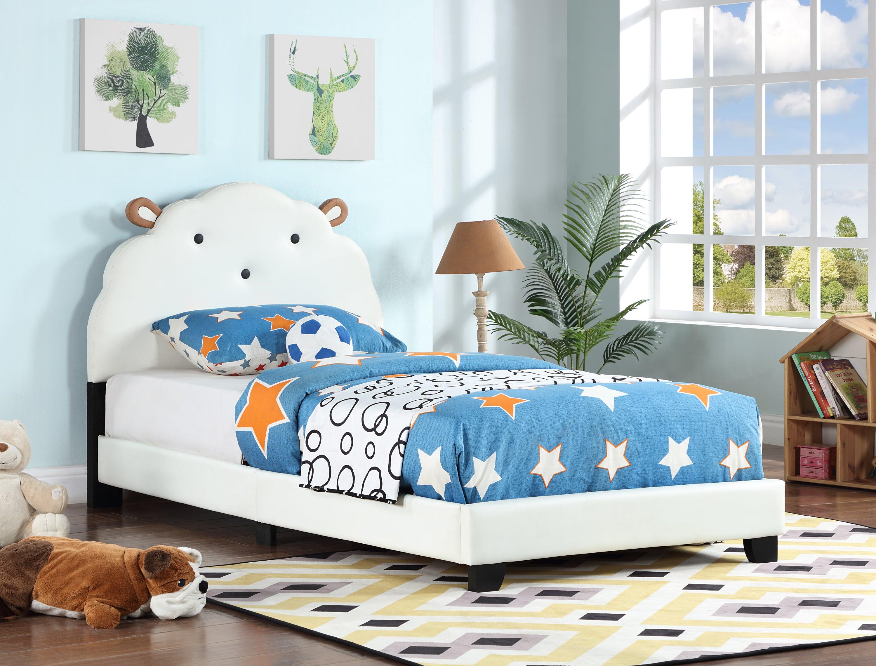 🆓🚛 Upholstered Twin Size Platform Bed for Kids, With Slatted Bed Base, No Box Spring Needed, White Color, Sheep Design