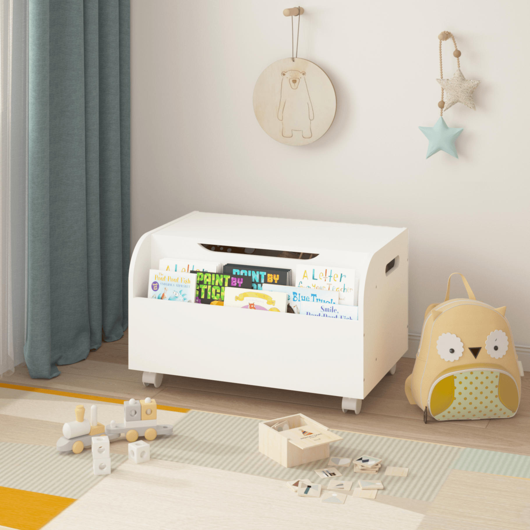 🆓🚛 Wooden Toy Box With 4 Universal Wheels, Kids Toy Storage Organizer With Front Bookshelf, Flip-Top Lid, Safety Hinge, Boys Girls Toy Chest Bench for Playroom Kids Room Organization (White)