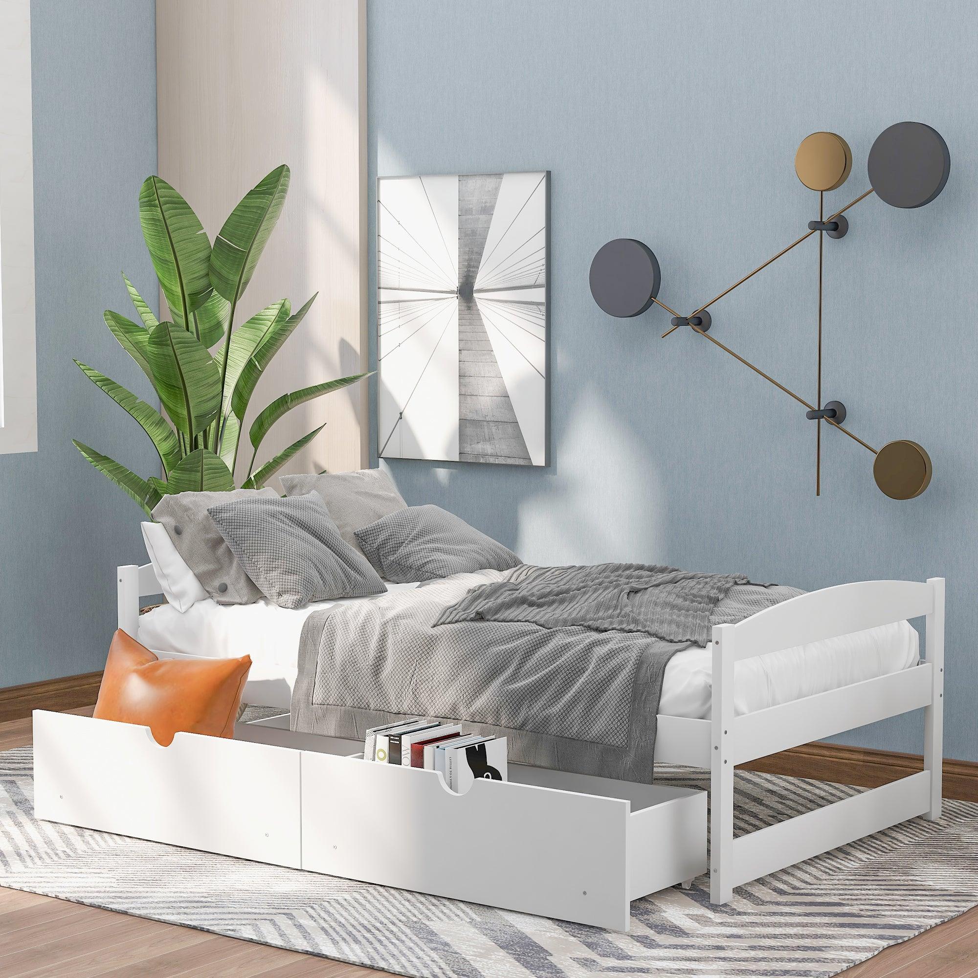 🆓🚛 Twin Size Platform Bed, With Two Drawers, White