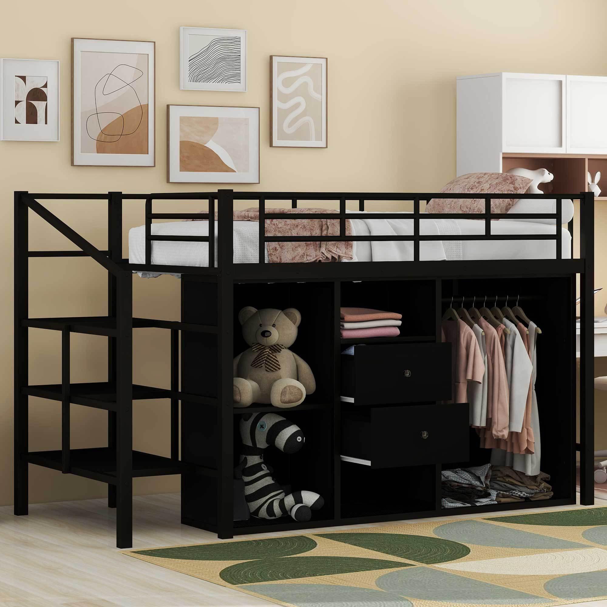 🆓🚛 Twin Size Metal Loft Bed With Drawers, Storage Staircase & Small Wardrobe