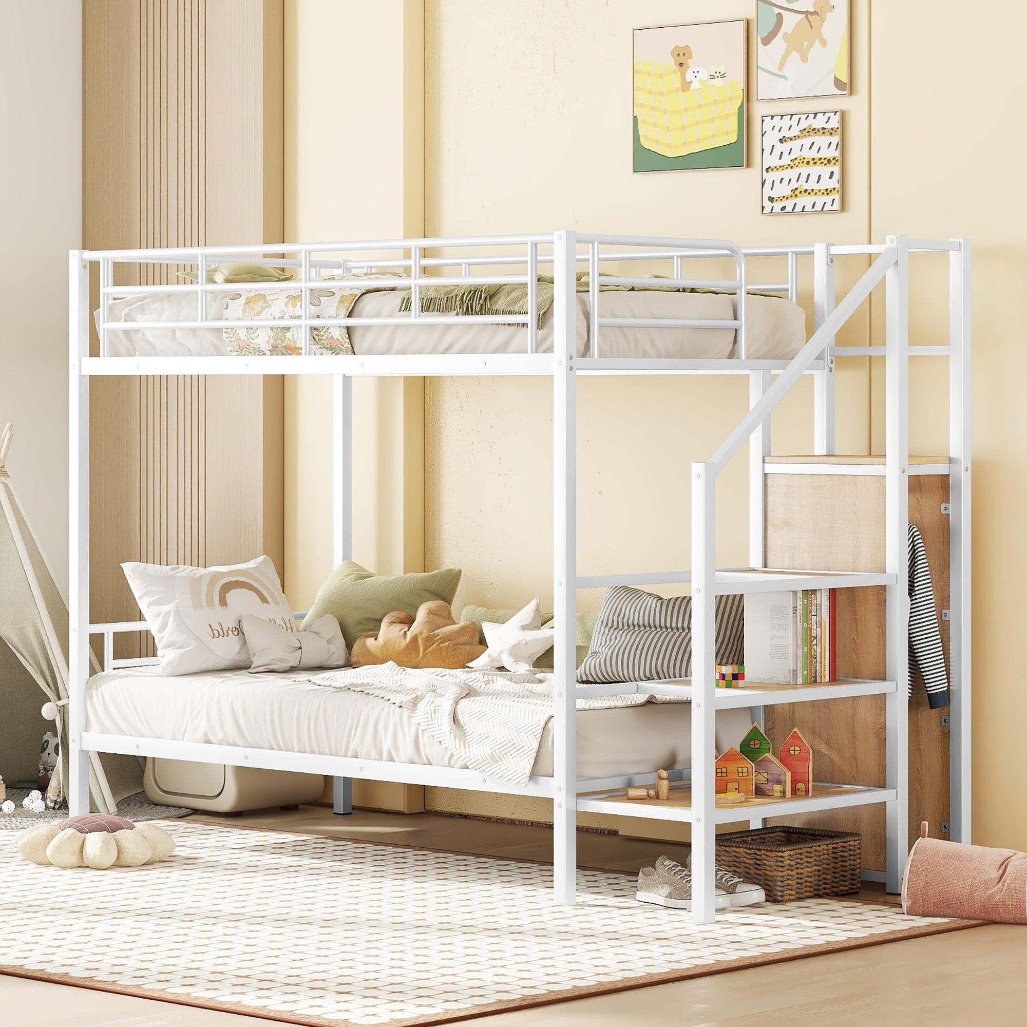 🆓🚛 Twin Over Twin Metal Bunk Bed With Lateral Storage Ladder & Wardrobe, White