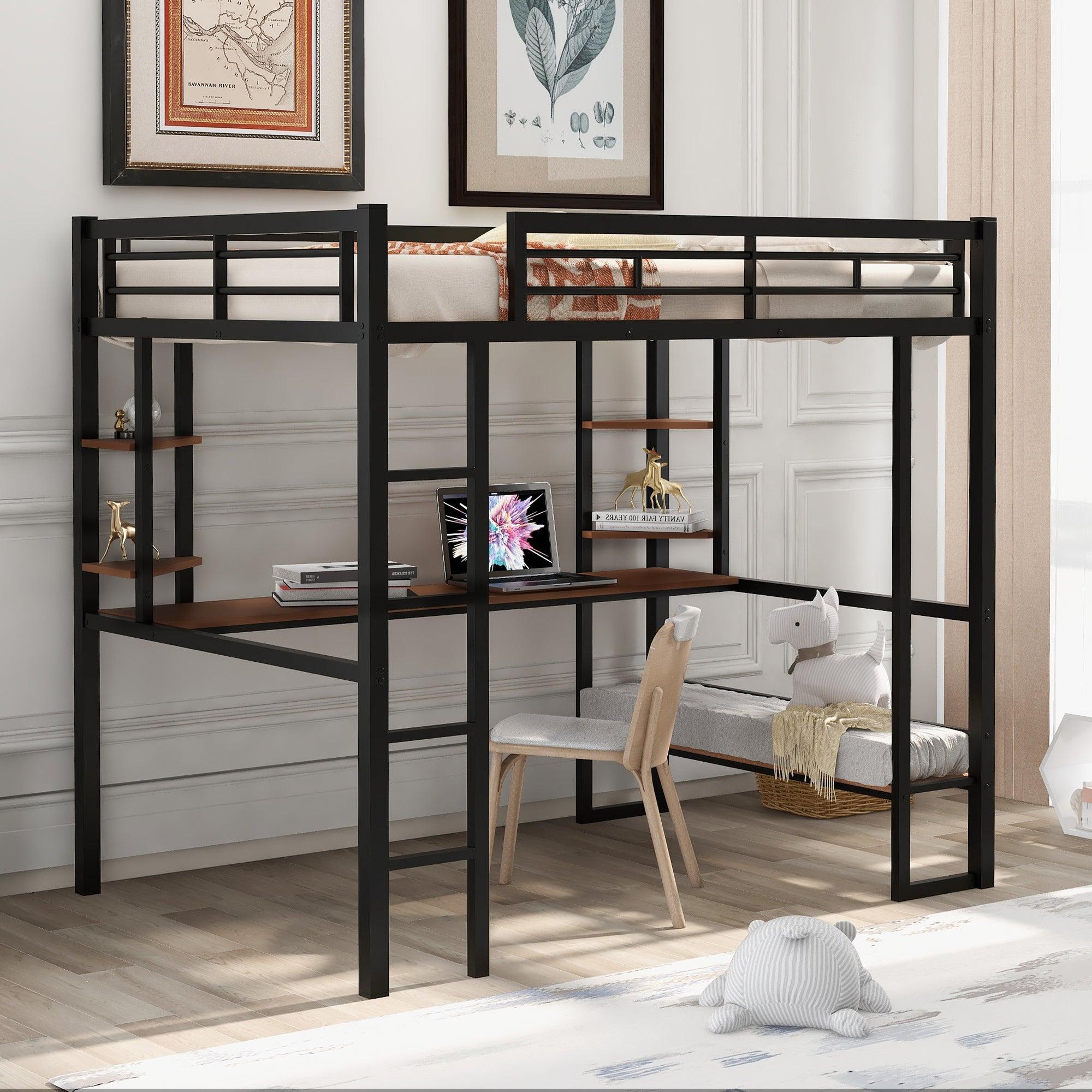 🆓🚛 Full Size Loft Metal & MDF Bed With Long Desk & Shelves, Black