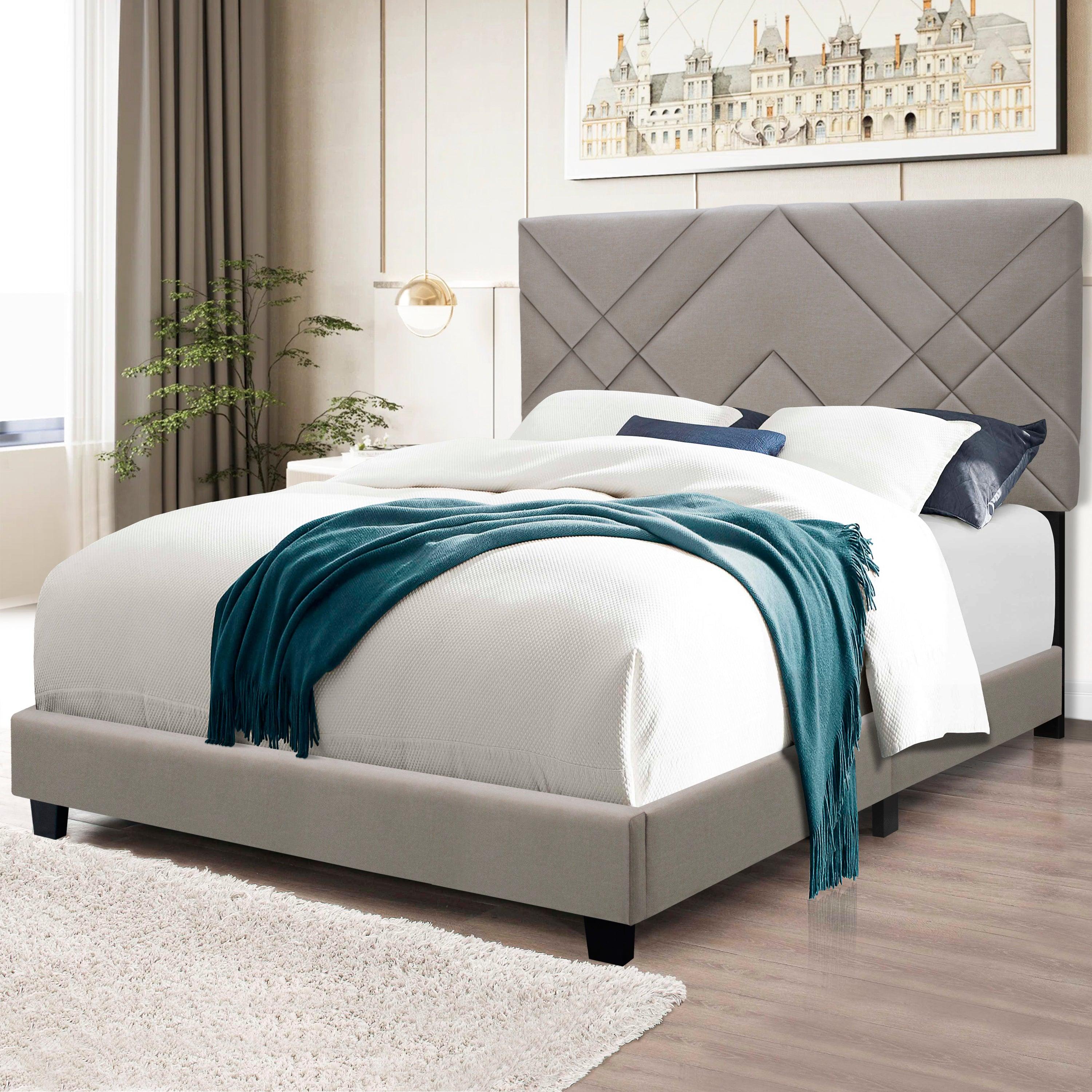 🆓🚛 Queen Size Adjustable Upholstered Bed Frame Stain Resistant Simple Design, Beige