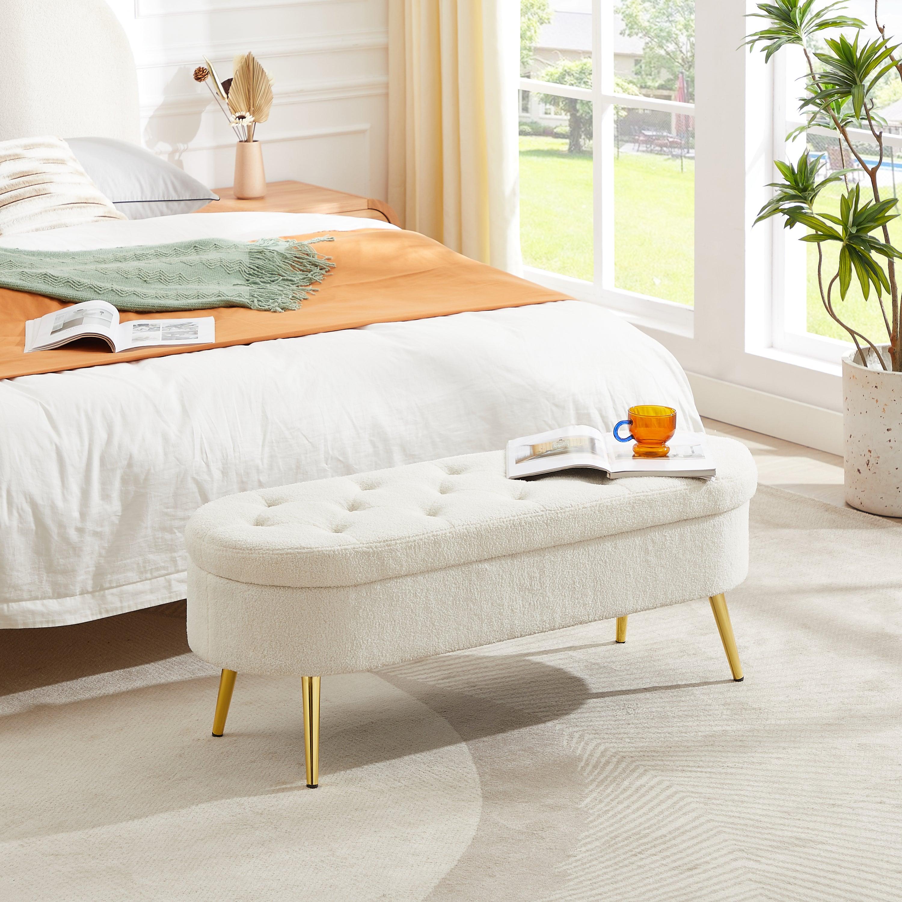 🆓🚛 Storage Bench Velvet Suit a Bedroom Soft Mat Tufted Bench Sitting Room Porch Oval Footstool Beige White Teddy Velvet