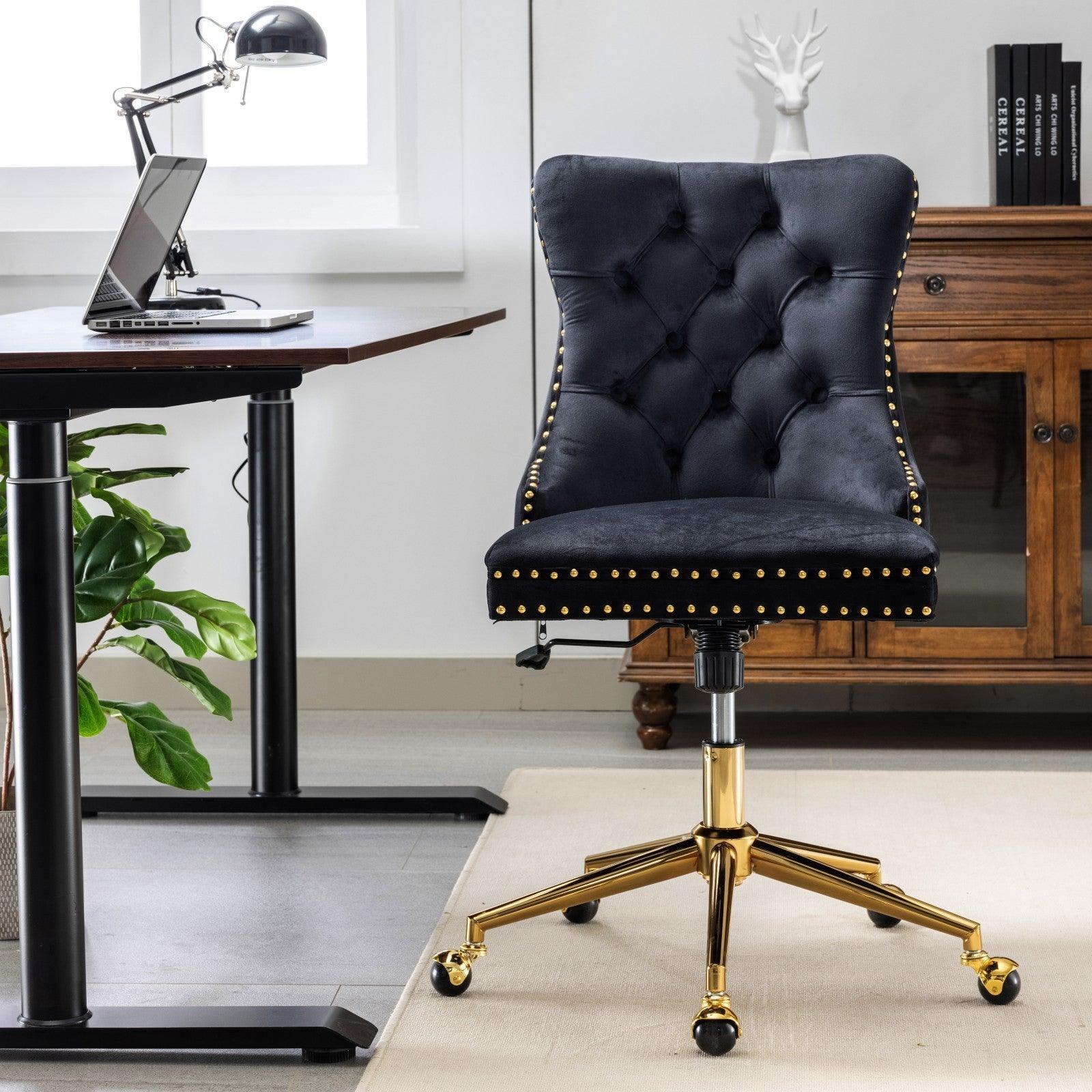 🆓🚛 Office Chair, Velvet Upholstered Tufted Button Home Office Chair With Golden Metal Base, Adjustable Desk Chair Swivel Office Chair (Black)