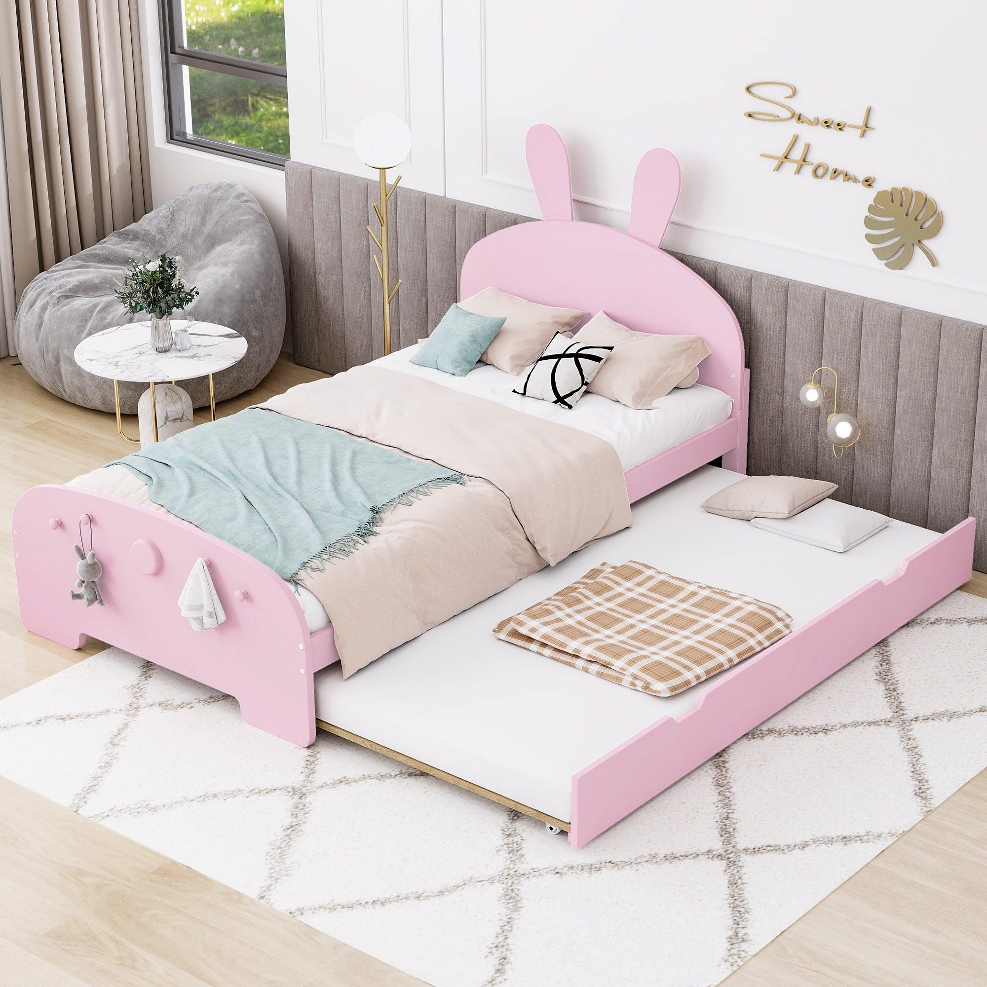 🆓🚛 Wood Twin Size Platform Bed With Cartoon Ears Shaped Headboard & Trundle, Pink