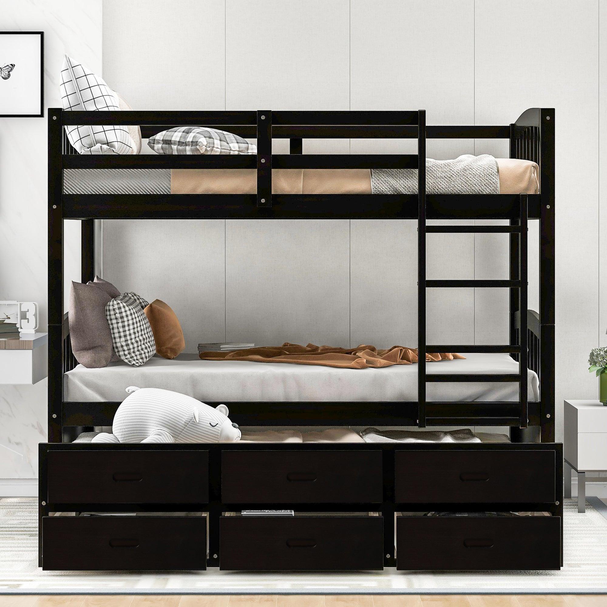 🆓🚛 Twin Over Twin Wood Bunk Bed With Trundle & Drawers, Espresso