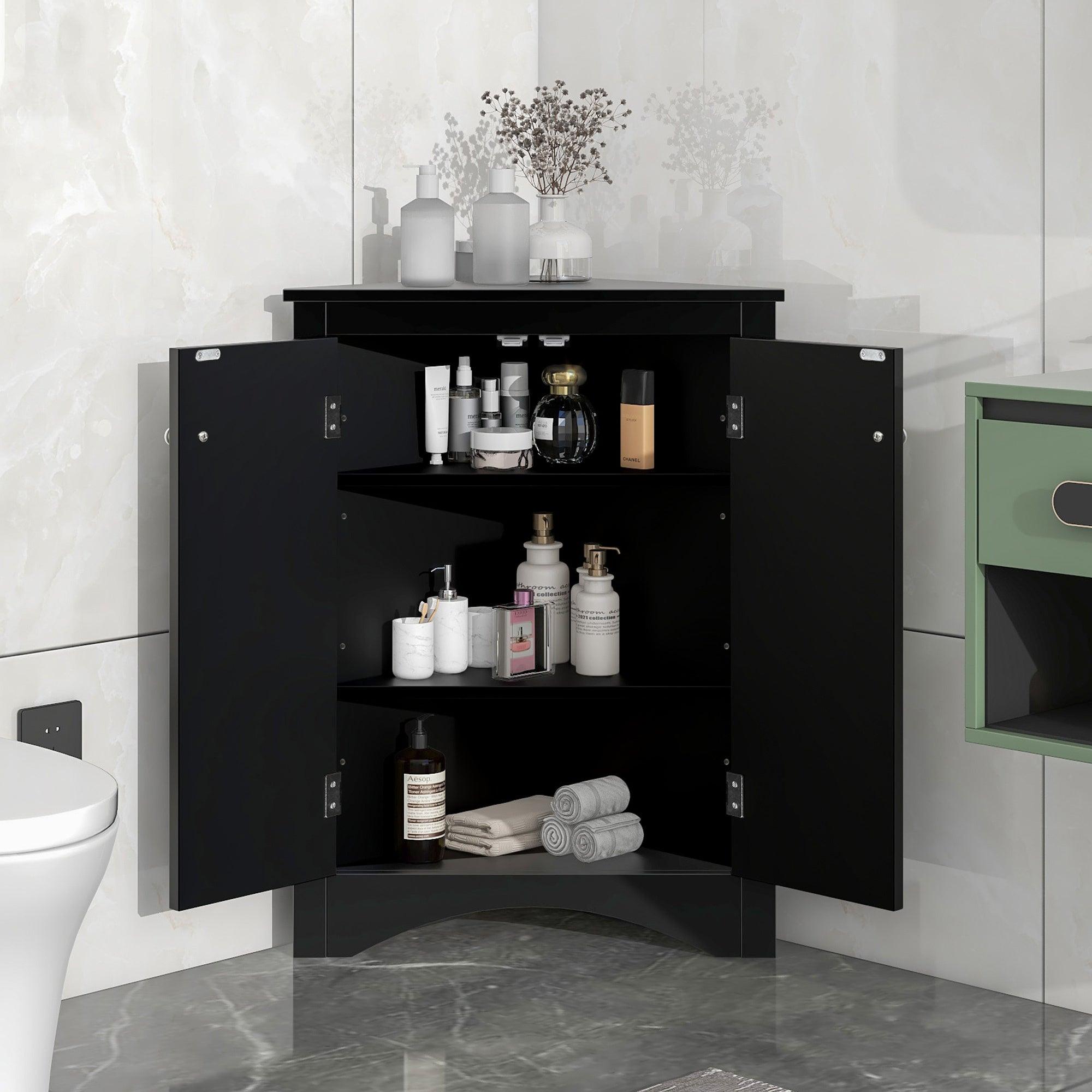 🆓🚛 Black Triangle Bathroom Storage Cabinet With Adjustable Shelves, Freestanding Floor Cabinet for Home Kitchen