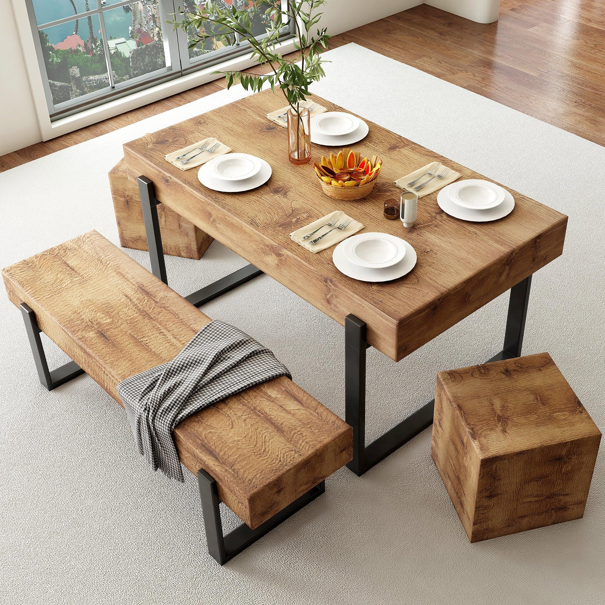 🆓🚛 4-Piece Dining Table Set for 4-6 People, 59" Kitchen Table Set With 1 Bench & 2 Square Stools, Dining Room Table With Heavy-Duty Frame, Easy Assembly, Natural Wood Wash