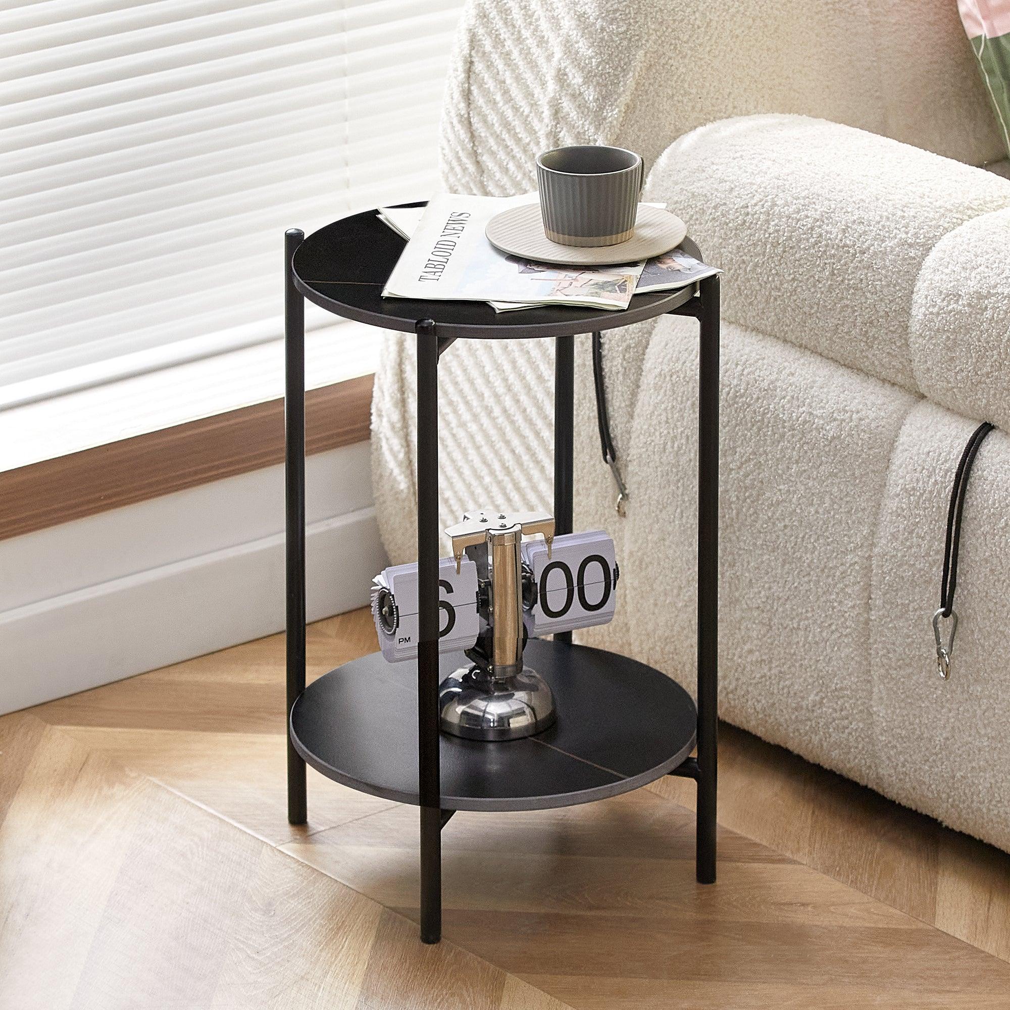 🆓🚛 2-Layer End Table With Whole Marble Tabletop, Round Coffee Table With Black Metal Frame for Bedroom Living Room Office (Black, 1 Piece)