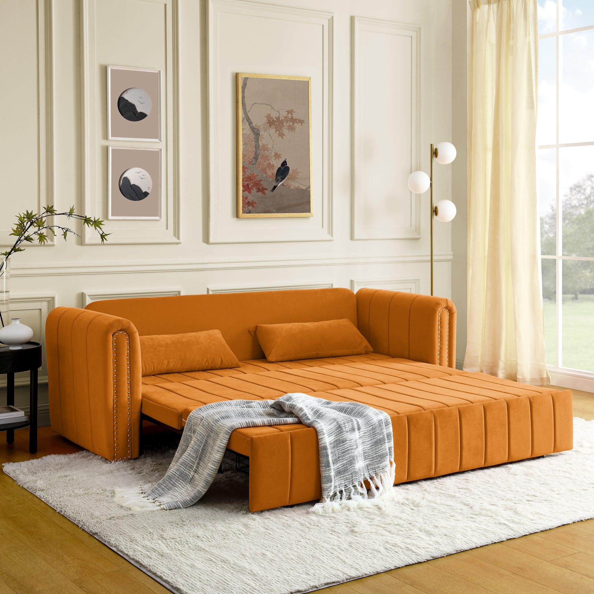 🆓🚛 3 in 1 Pull-Out Bed Sleeper Sofa, Rolled Arms, Copper Nails, 2 Drawers, 2 Pillows, Orange