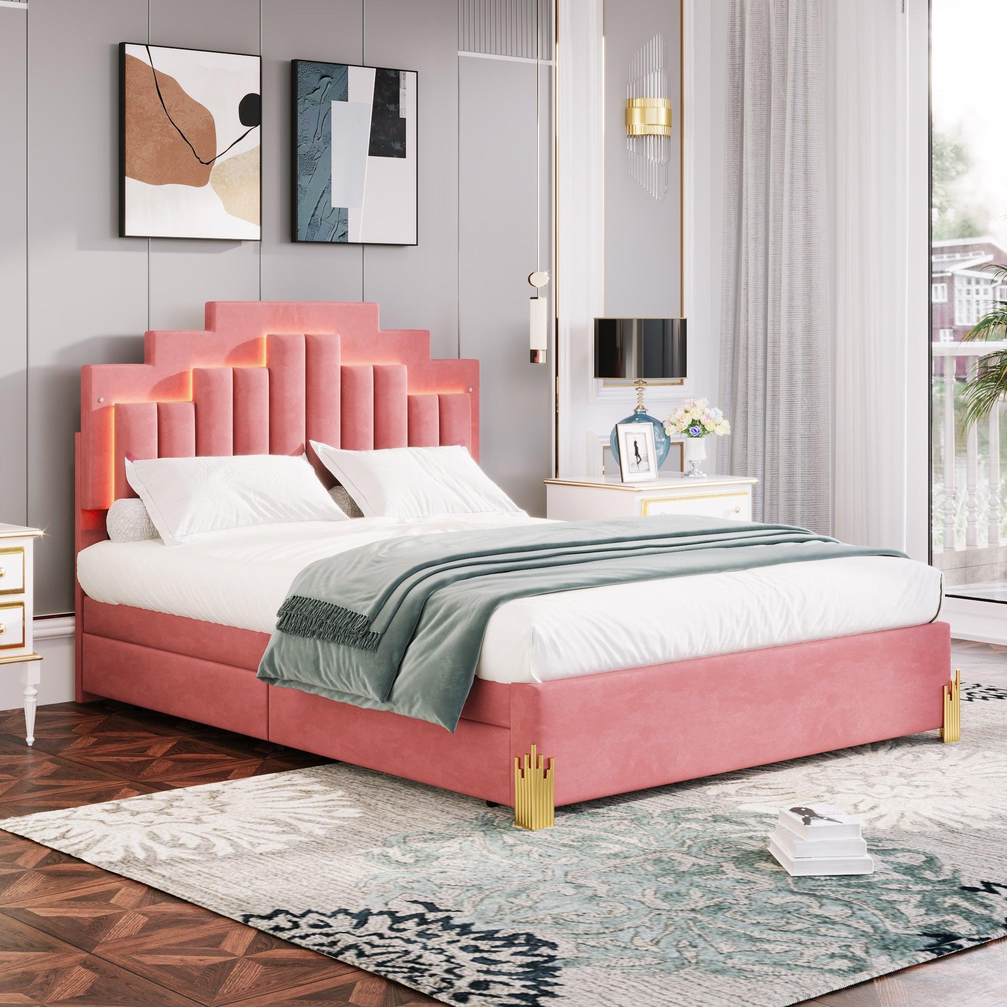 🆓🚛 Queen Size Upholstered Platform Bed With Led Lights & 4 Drawers, Stylish Irregular Metal Bed Legs Design, Pink