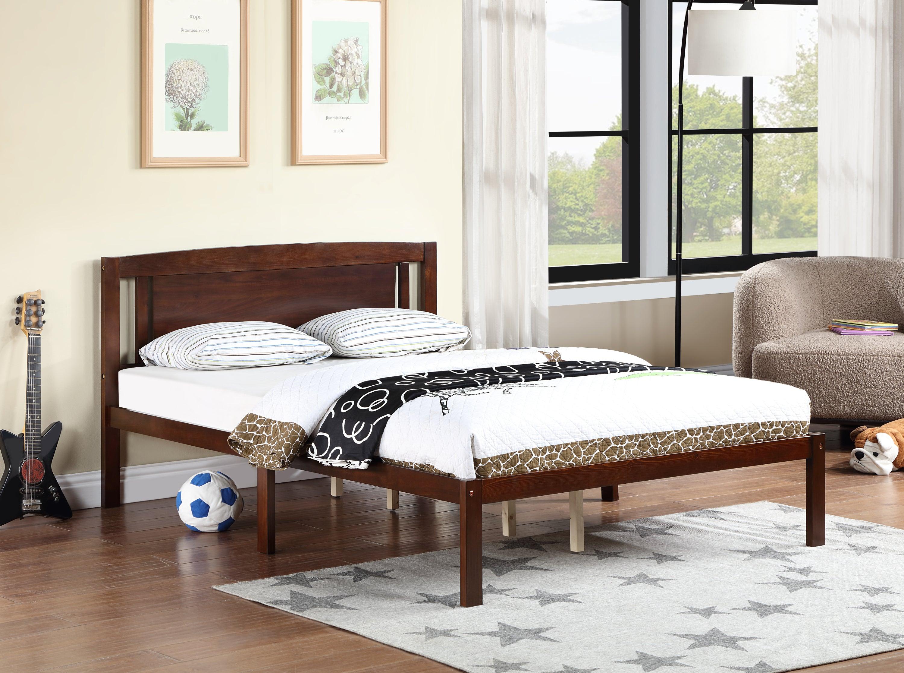 🆓🚛 Full Size Bed, Wood Platform Bed Frame With Headboard for Kids, Slatted, Dark Walnut