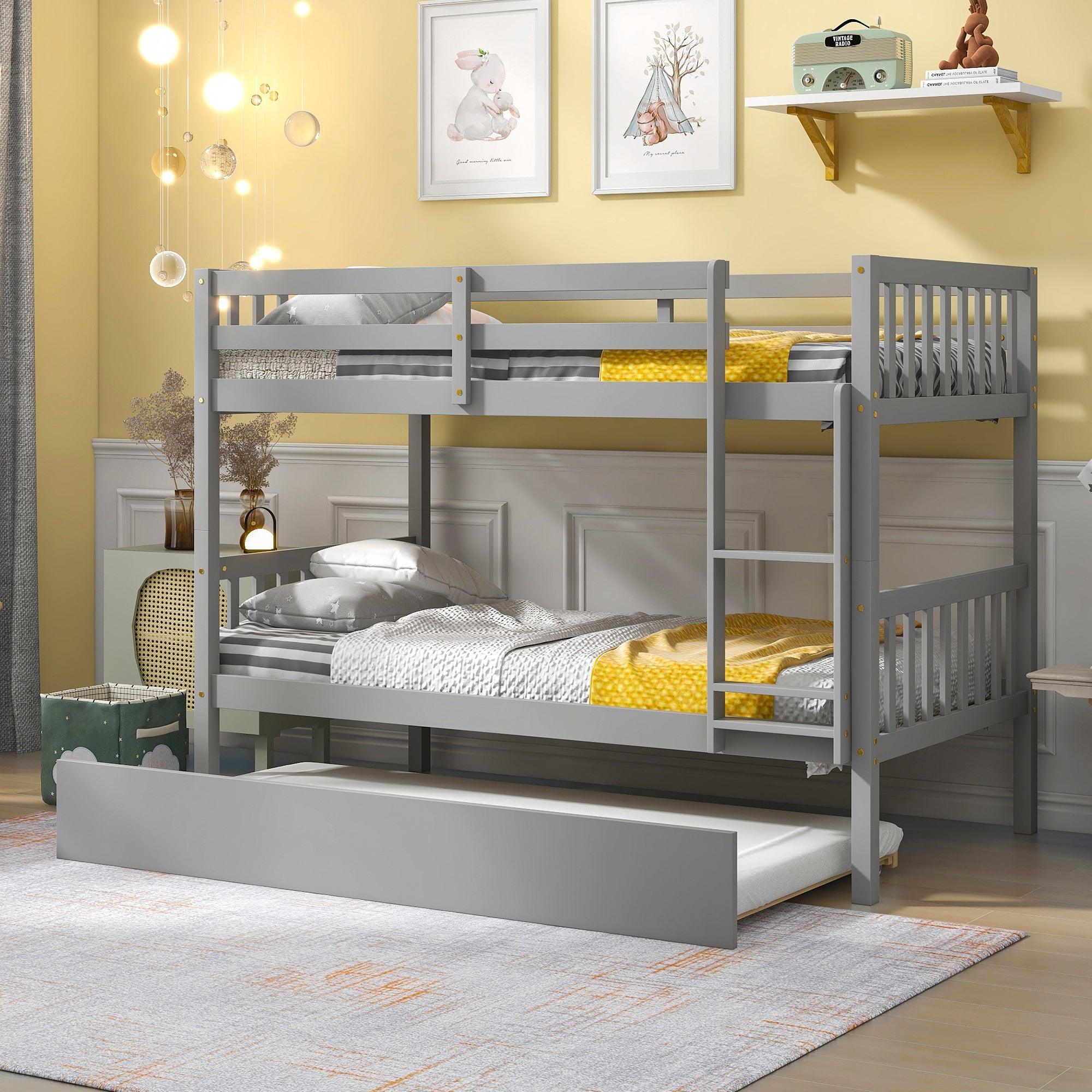 🆓🚛 Twin Over Twin Bunk Beds With Trundle, Solid Wood Trundle Bed Frame With Safety Rail & Ladder, Kids/Teens Bedroom, Guest Room Furniture, Can Be Converted Into 2 Beds, Gray