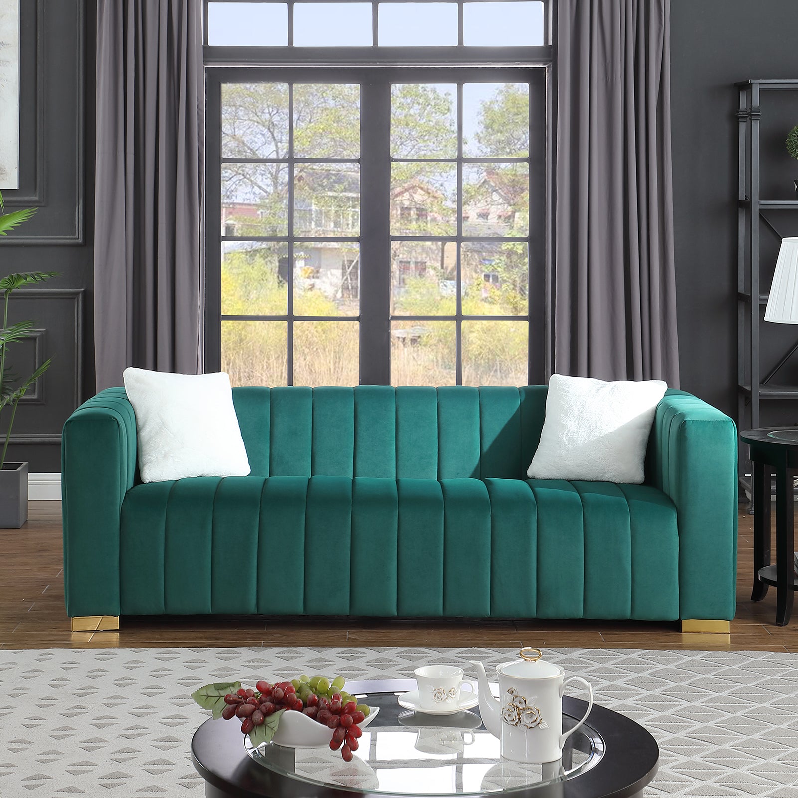 🆓🚛 85.7" Modern 3 Seater Velvet Channel Sofa, Dark Green Color