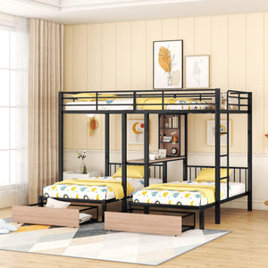 Full Over Twin & Twin Triple Bunk Bed with Drawers, Multi-functional Metal Frame Bed with desks and shelves in the middle, Black