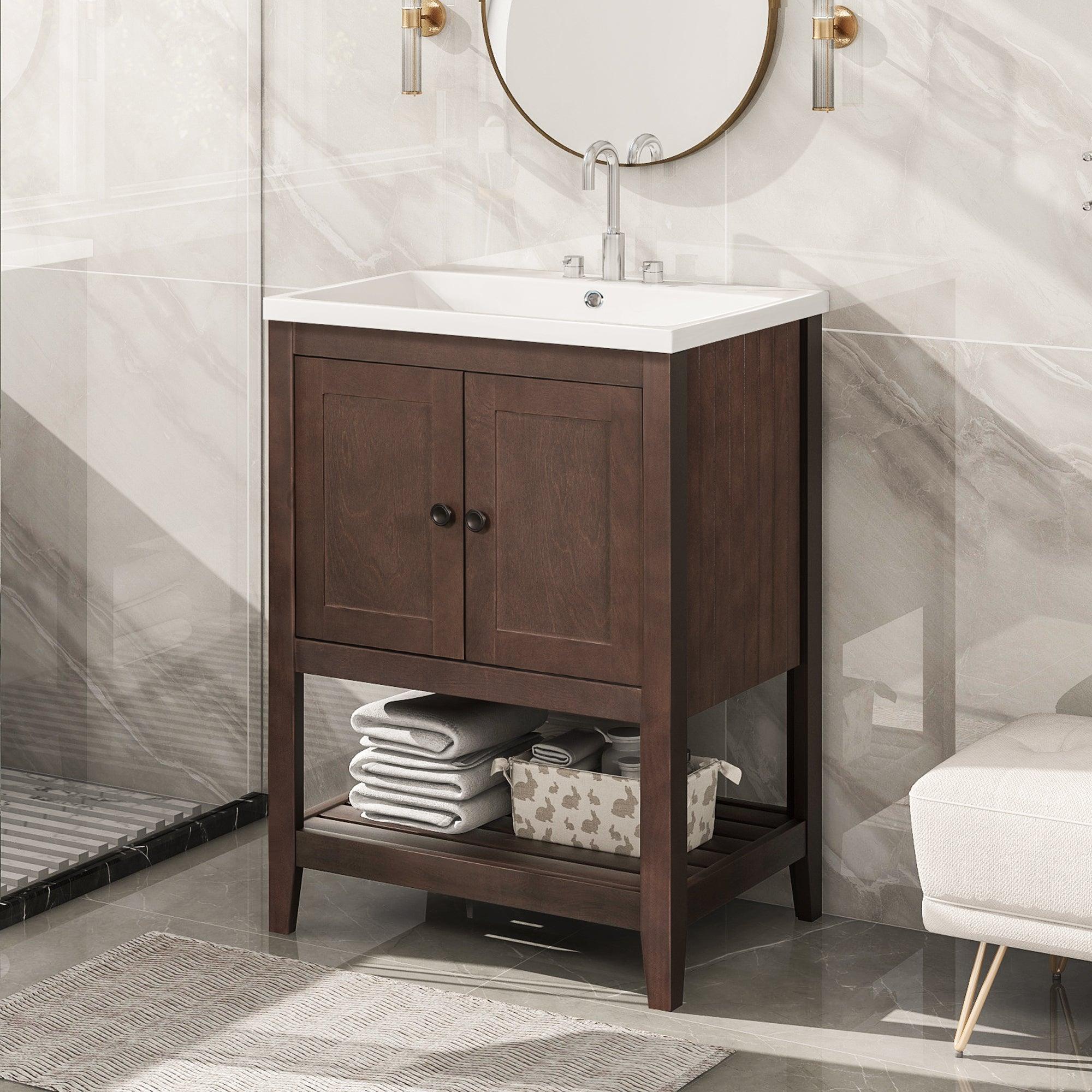 🆓🚛 24" Brown Modern Sleek Bathroom Vanity Elegant Ceramic Sink With Solid Wood Frame Open Style Shelf