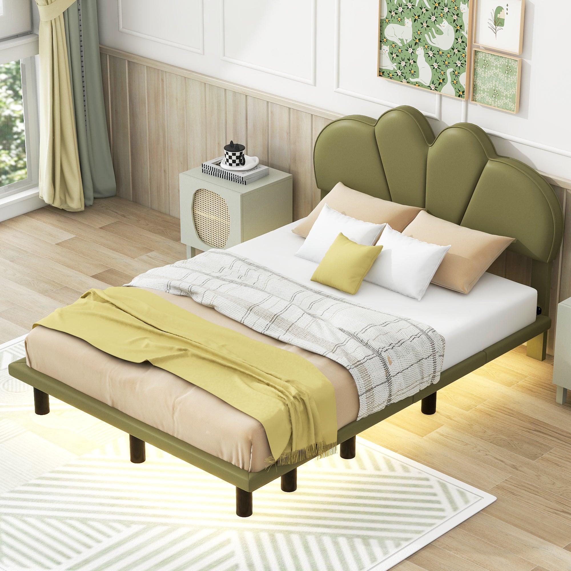 Full Size Upholstery Platform Bed with PU Leather Headboard and Support Legs, Underbed LED Light, Green