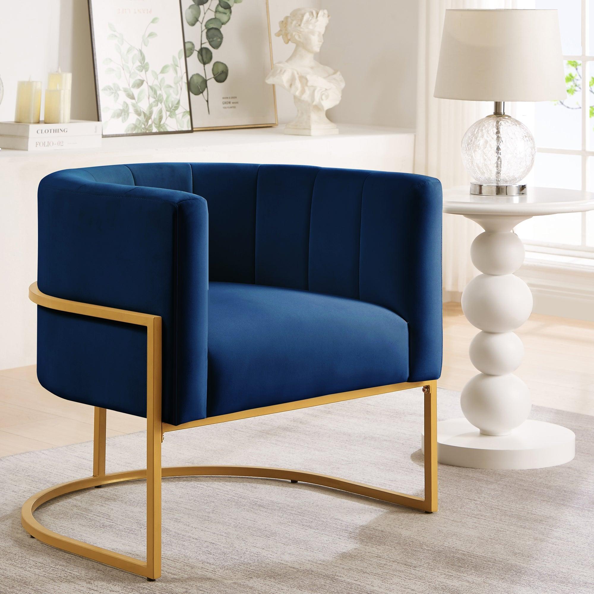 🆓🚛 Upholstered Velvet Accent Chair With Golden Metal Stand, Mid-Century Living Room Leisure Chair With Curve Backrest, Navy