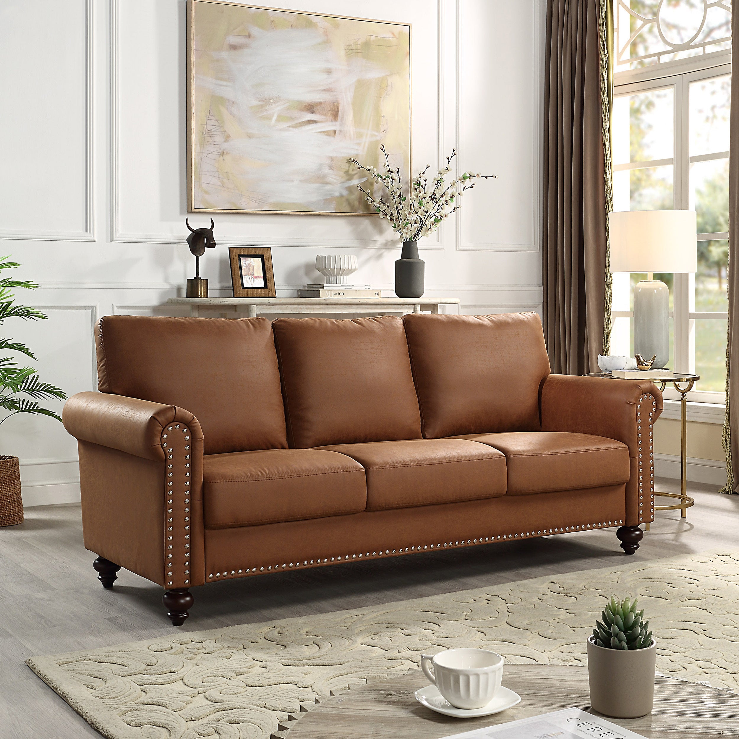🆓🚛 80" 3 Seater Faux Leather Upholstery Sofa, with Rolled Arm and Nailhead Trim, Light Brown