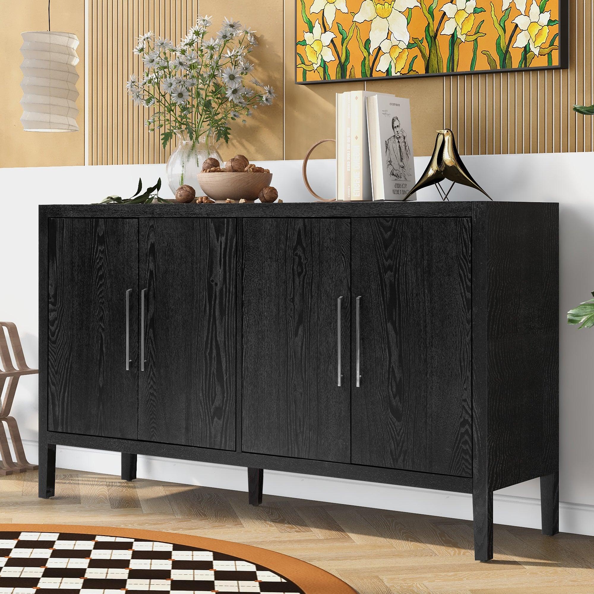 🆓🚛 Storage Cabinet Sideboard Wooden Cabinet With 4 Metal Handles, 4 Shelves & 4 Doors for Hallway, Entryway, Living Room