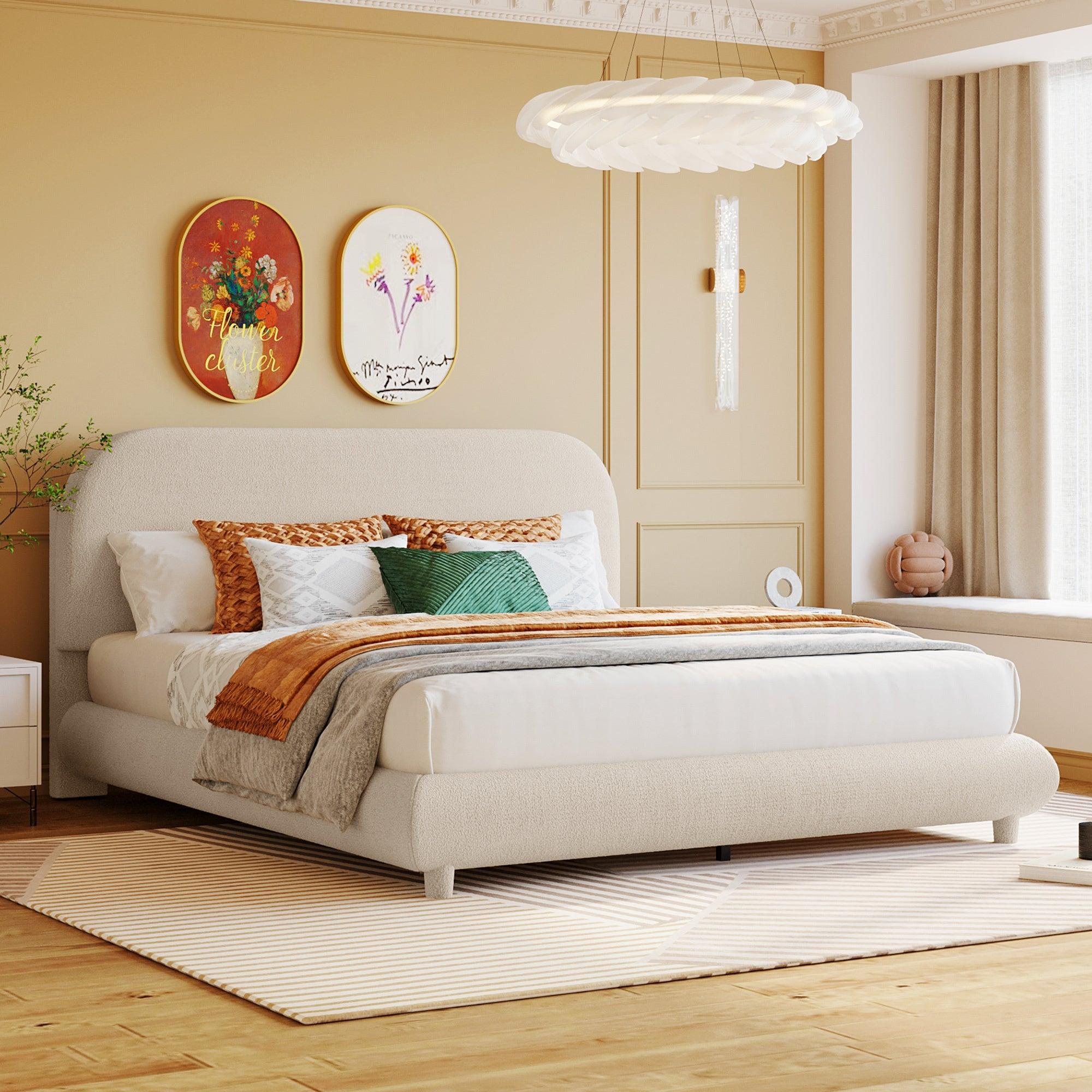 🆓🚛 Teddy Fleece Queen Size Upholstered Platform Bed With Thick Fabric, Solid Frame and Stylish Curve-Shaped Design, Beige