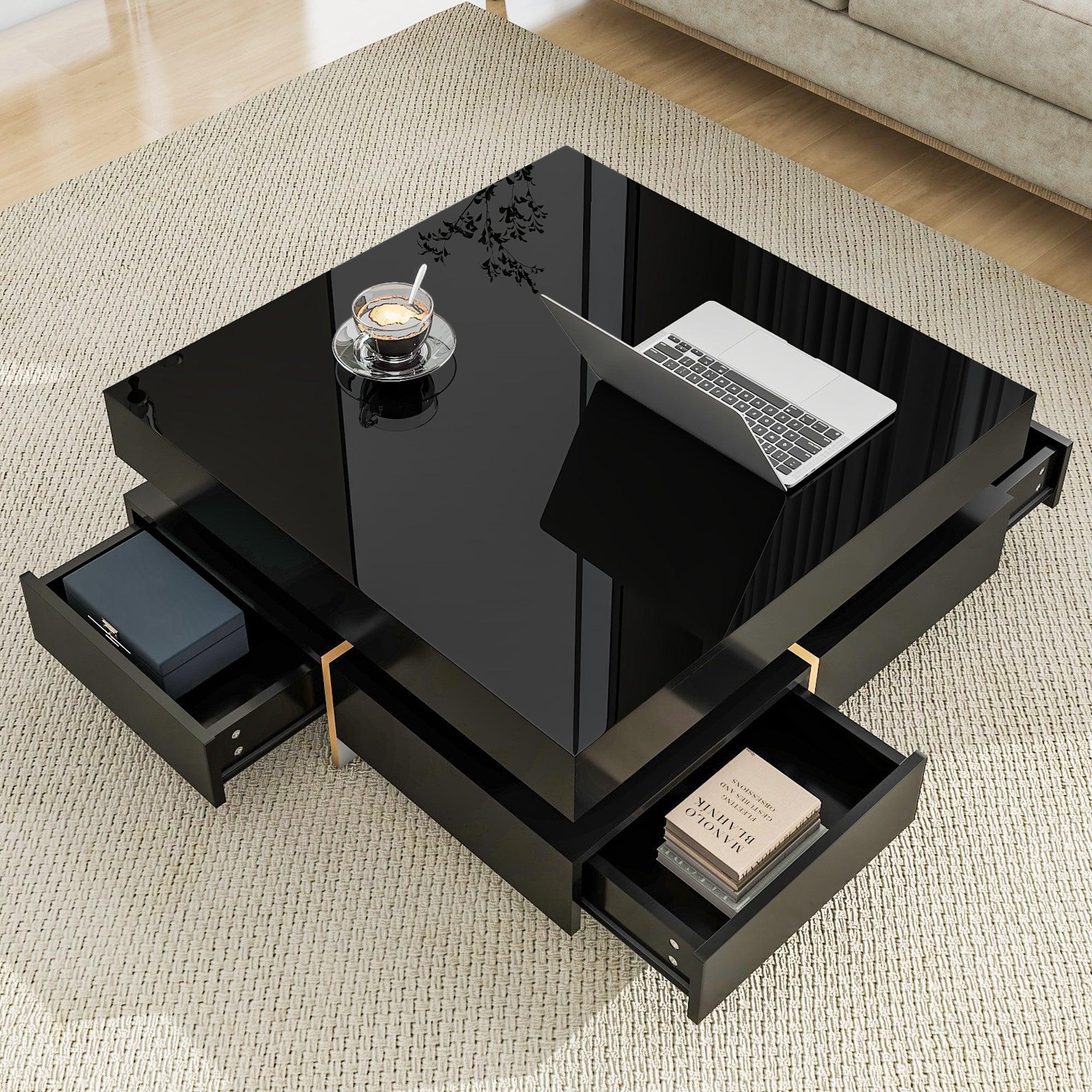 🆓🚛 Modern High Gloss Coffee Table With 4 Drawers, Multi-Storage Square Cocktail Tea Table With Wood Grain Legs, Center Table for Living Room, 31.5''X31.5'', Black