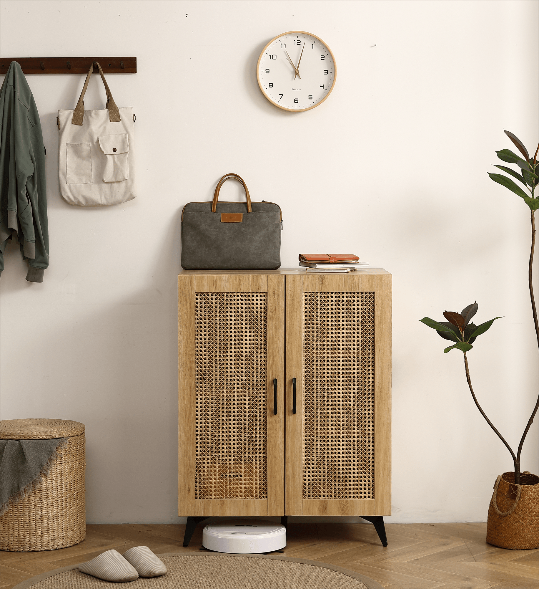 🆓🚛 Natural Rattan Storage Cabinet Double-Door Shoe Cabinet With Large Storage Space & Durable Structure 29.5"