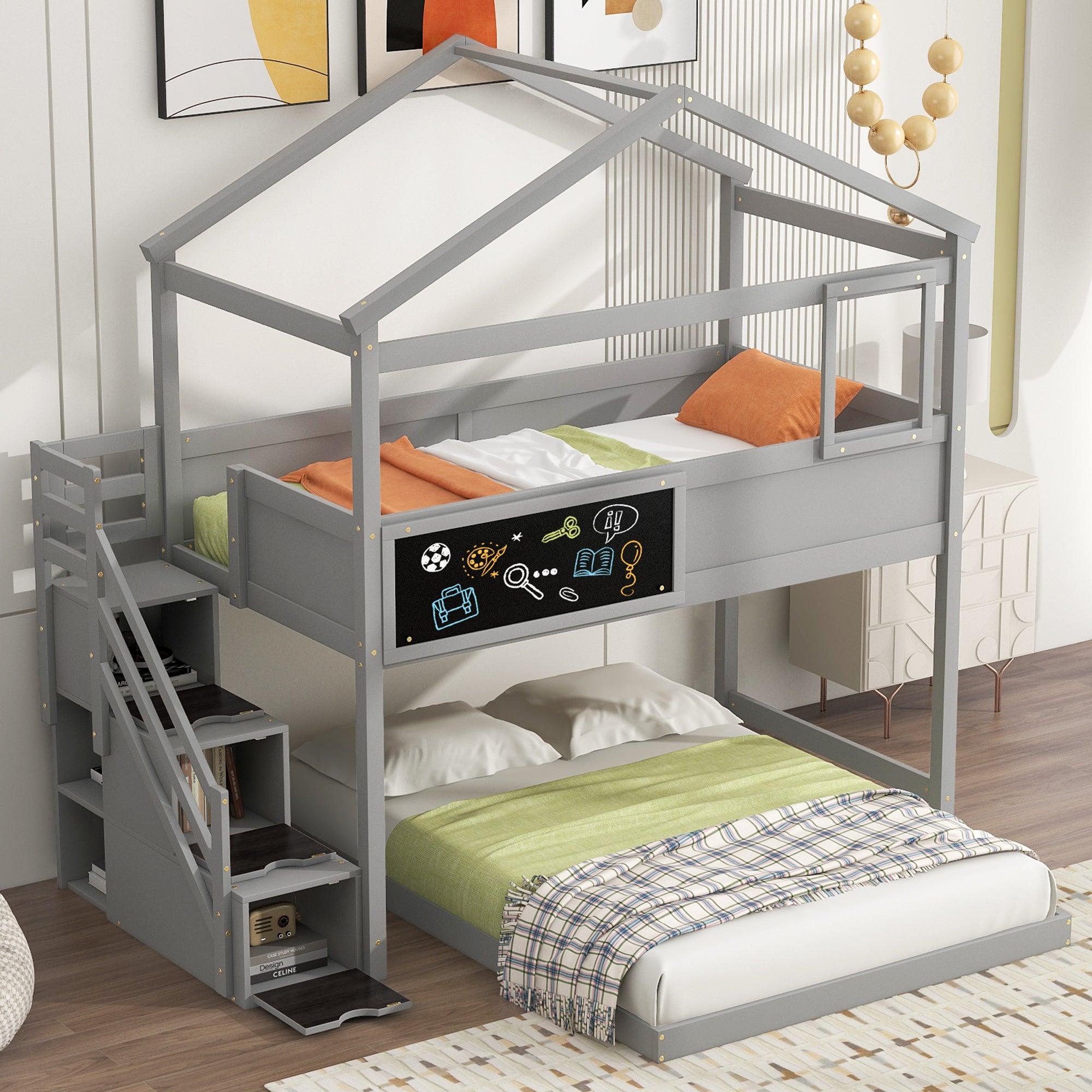 🆓🚛 Twin Over Full House Bunk Bed With Storage Staircase & Blackboard, Gray
