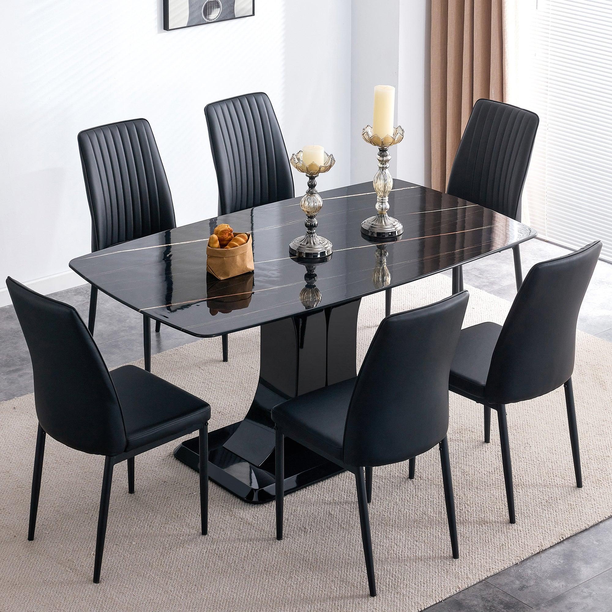 🆓🚛 7 Pcs Dining Set, Modern Black Faux Marble Rectangular Table With Convertible Base, 6 Dining Chairs, Black