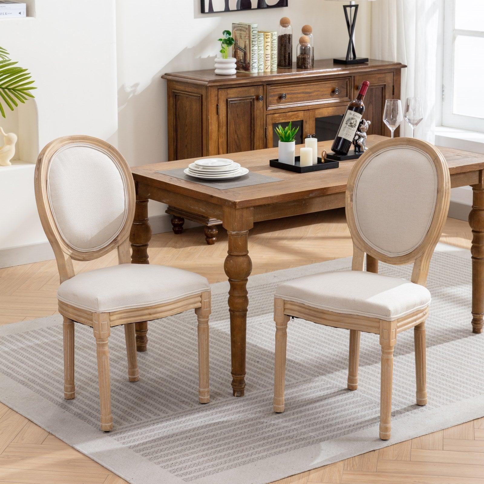 🆓🚛 French Style Solid Wood Frame Antique Painting Linen Fabric Back Dining Chair, Set Of 2, Beige